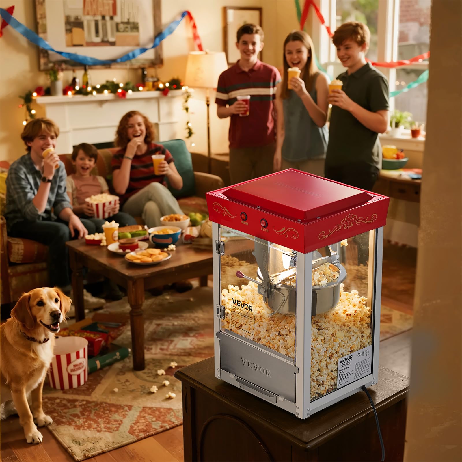 VEVOR Macchina per Popcorn, Bollitore in Acciaio Inox da 0,2 kg, 800 W, 48 Tazze per Dose, Stile Cinema, con Controllo a 2 Pulsanti, con Parete in Vetro, 1 Misurino, 3 Cucchiai, Rosso