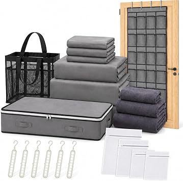 Hosuly 18 Pcs Complete College Dorm Essentials Set XL Twin Comforter Set Over The Door Shoe Organizer Under Bed Storage Containers Towel Laundry Bags Mesh Shower Caddy College Room AccessoriesGray