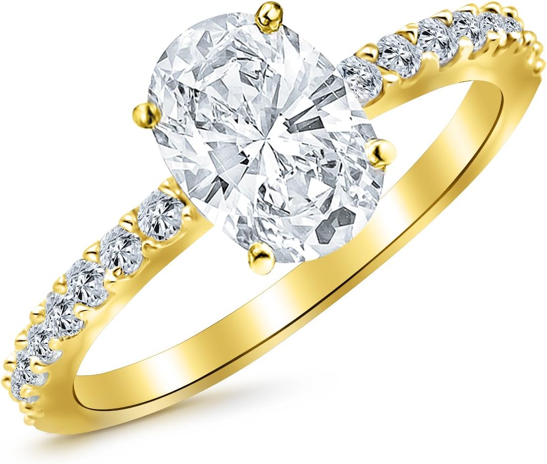 Houston Diamond District 0.8 Ctw 14K White Gold Classic Side Stone Pave Set Engagement Ring w/Oval 0.5 Carat Forever One Moissanite Center