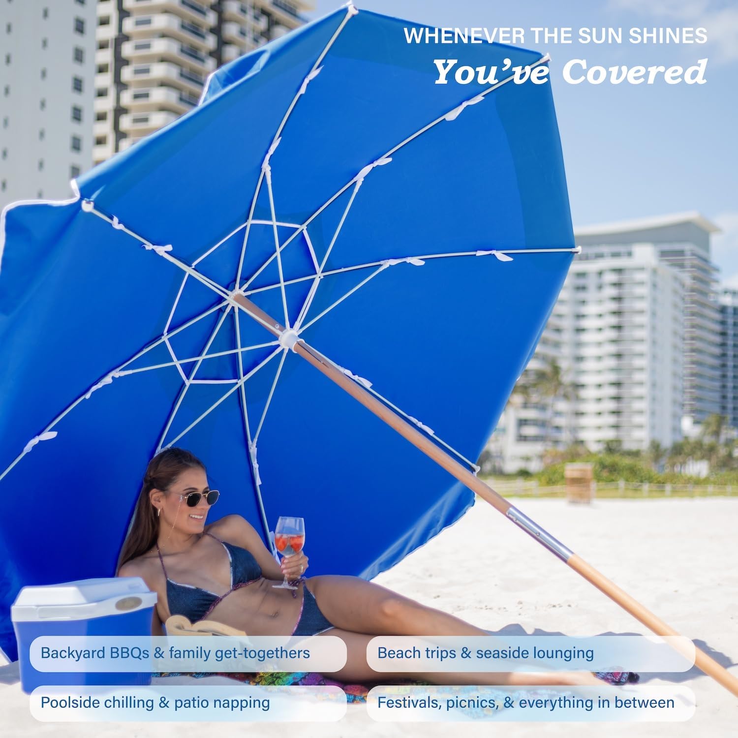 AMMSUN 7.5ft Heavy Duty High Wind Beach Umbrella Commercial Grade with Air Vent Ash Wood Pole & Carry Bag UPF 50+ Sun Protection for Patio Garden Pool Backyard Blue