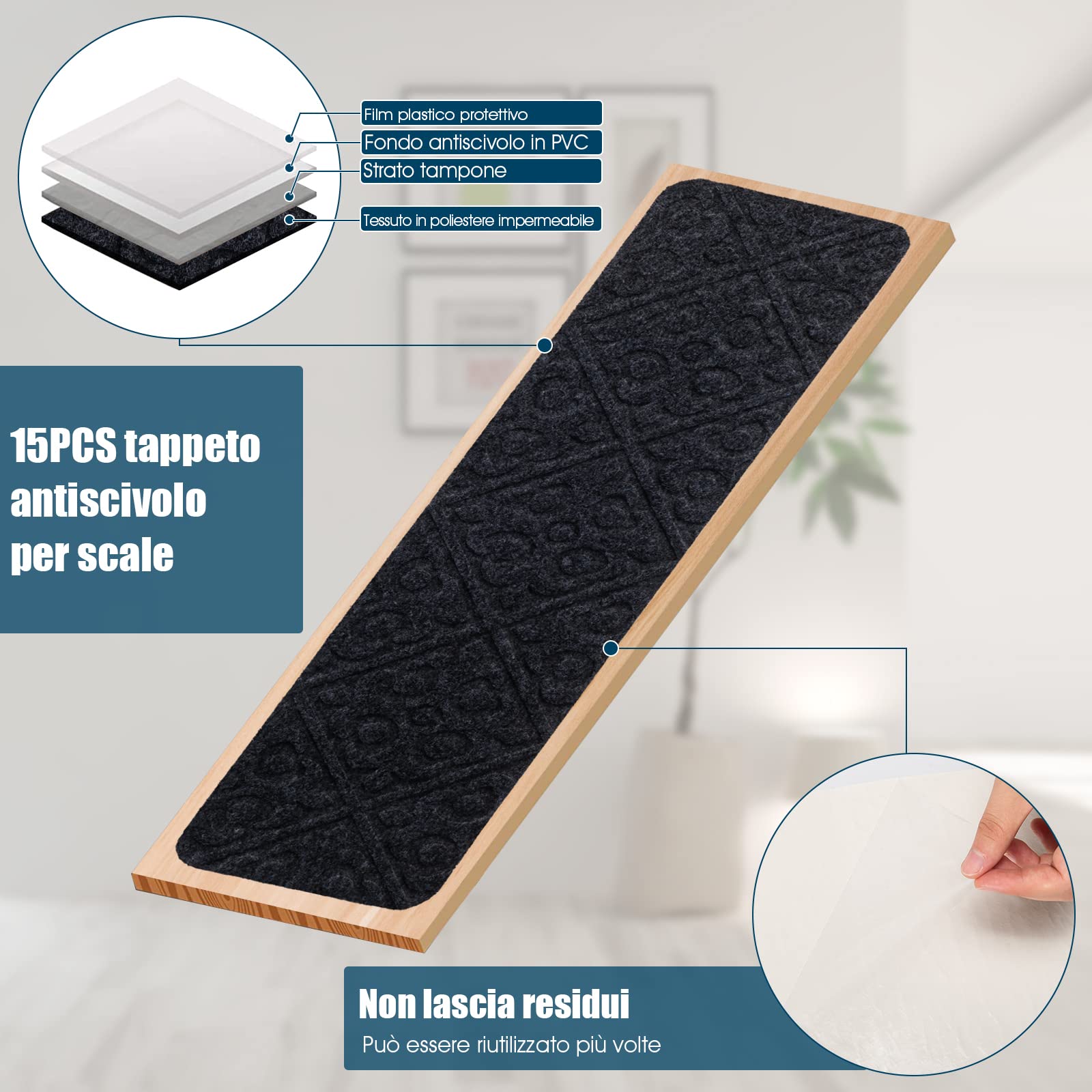 COSTWAY 15 Tappetini Antiscivolo per Scale 76 x 20 cm, Tappeti Antiscivolo per Gradini di Scale di Legno da Interno, Tappetini Impermeabili per Scale per Bambini, Anziani e Animali (Grigio)