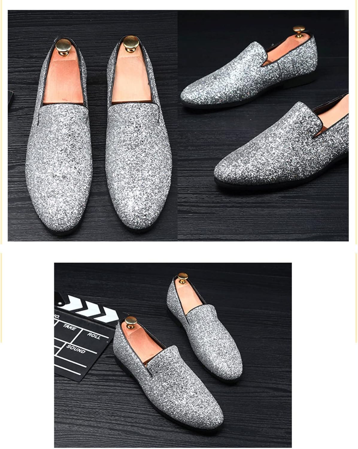 Men's Leather British Fashion Pointed Toe Sequined Loafers,Metallic Luxury Texture Slip-On Glitter Fashion Casual Dress Shoes