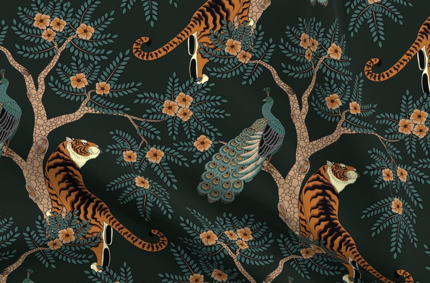 Spoonflower Fabric - Tiger Chinoiserie Bengal Peacock Asian Inspired Dark Teal Orange Printed on Denim Fabric by The Yard - Bottomweight Apparel Home Decor Upholstery