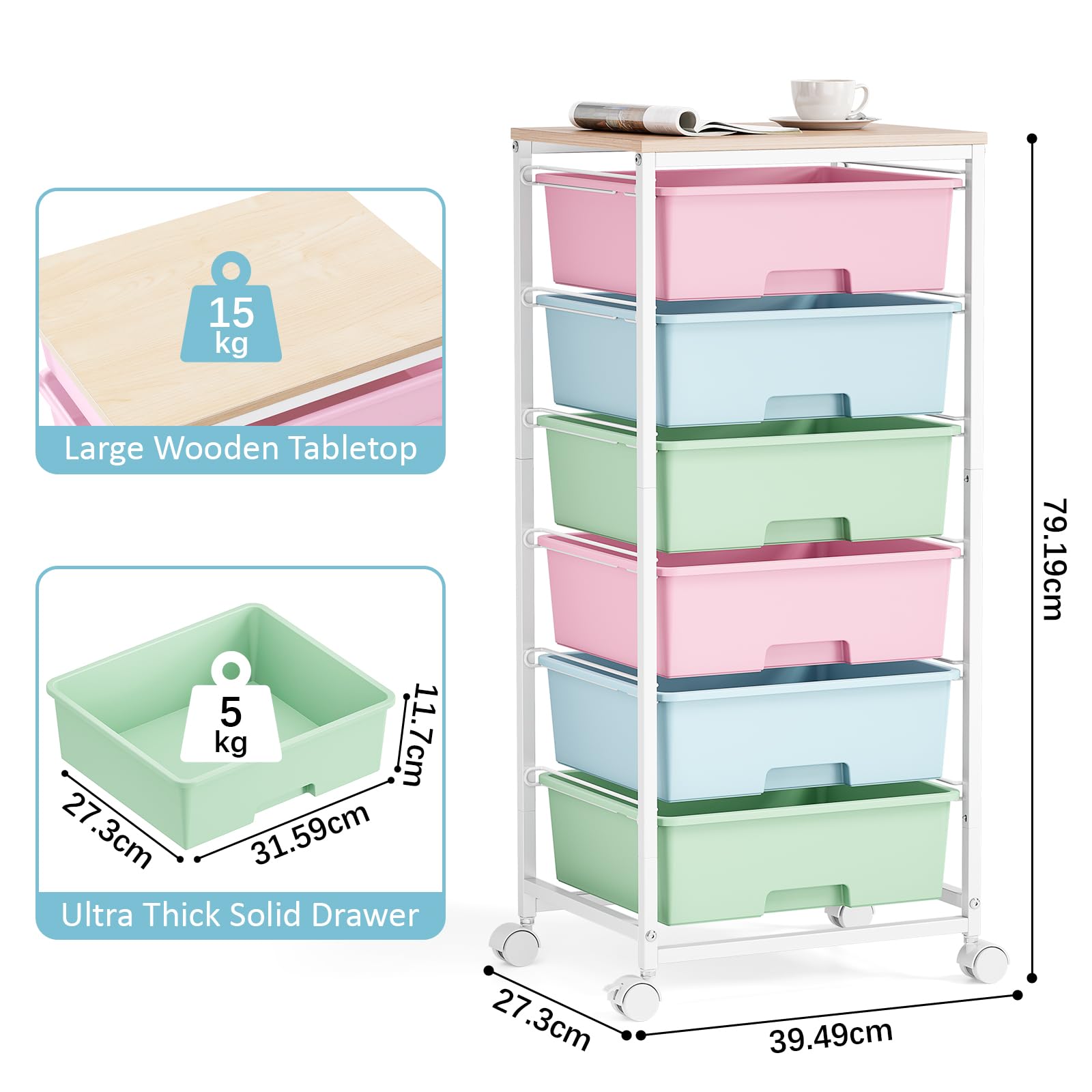 Cajonera con Ruedas KINGRACK con 6 Cajones Grandes y Estantes - Carrito Organizador para Oficinas, Habitaciones Infantiles y Salas de Manualidades (Colorido)