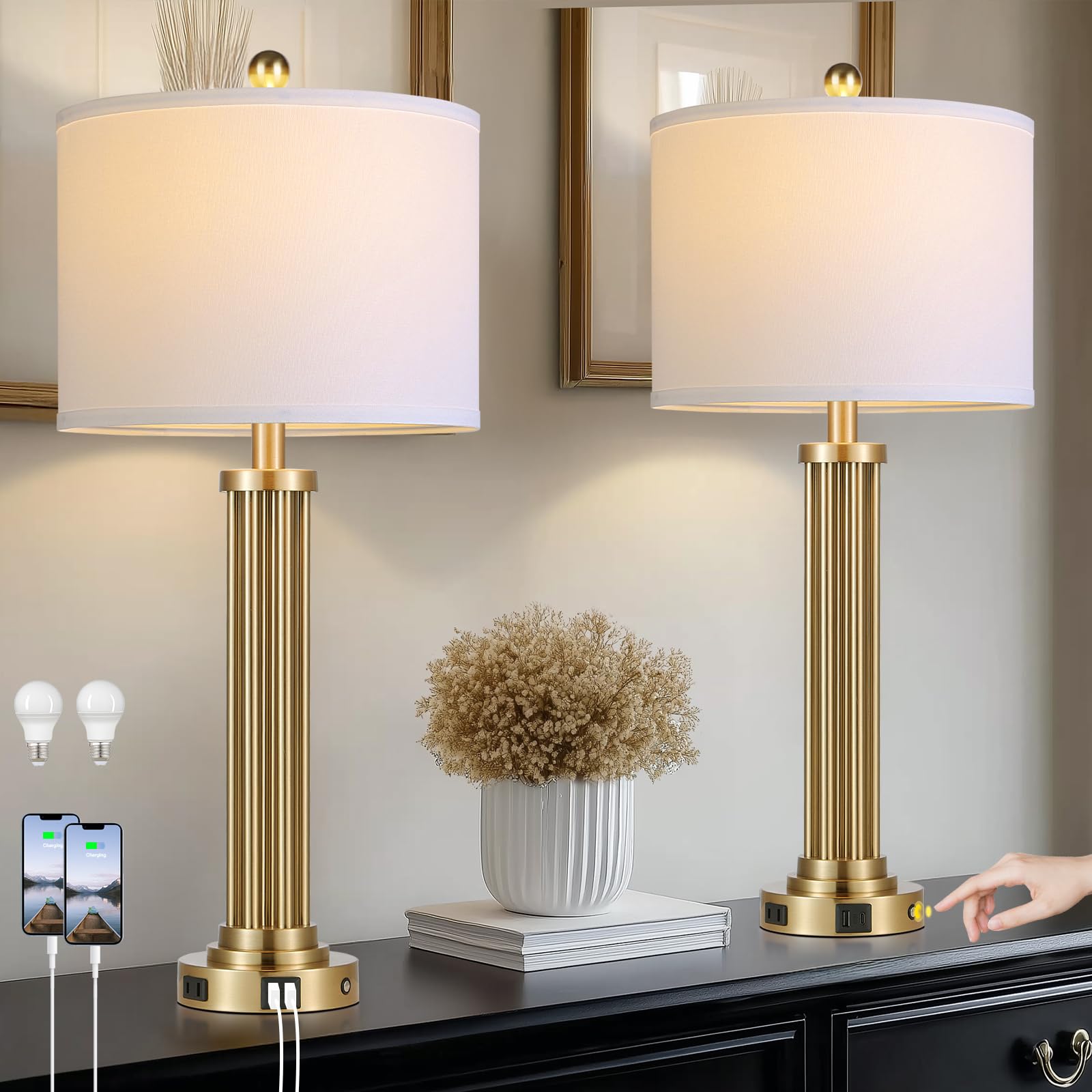 Photo 1 of MOUVOVO 28" Tall Modern Table Lamps Set of 2 with USB C+A Ports and AC Outlet, 3 Way Touch Metal Bedside Lamps for Bedroom, Gold Nightstand Lamps for Living Room