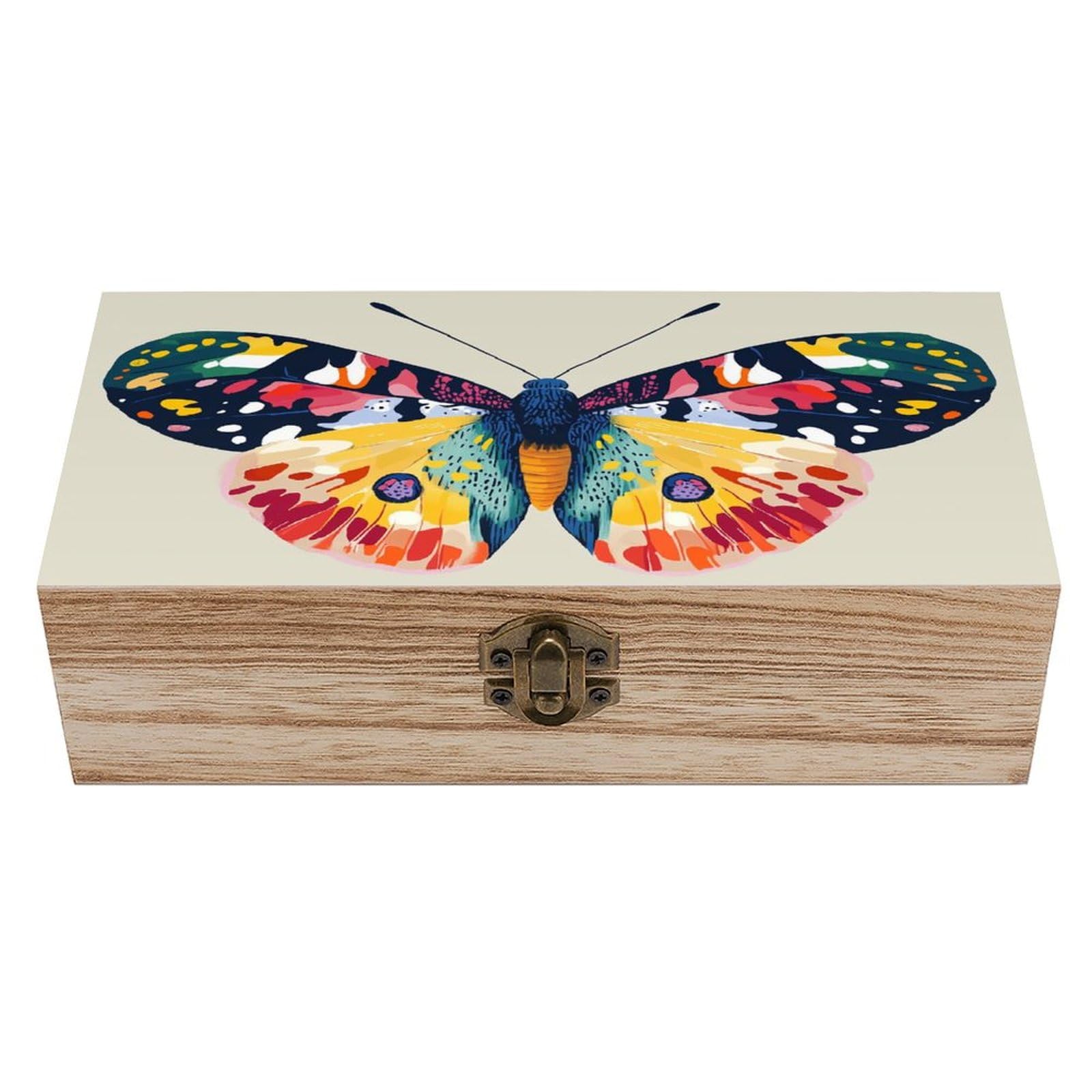 Ahdyr Vintage Butterfly Pattern Wooden Storage Box with Hinged Lid And Front Clasp Large Keepsake Box