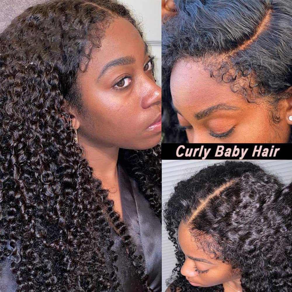 Kinky Curly Edges Hairline 13x4 Lace Front Wigs Human Hair Transparent HD Lace Frontal Wig Pre Plucked Pre Bleached Knots 4C Edges Baby Hair Deep Wave Curly Wig 180% Density (16inches)