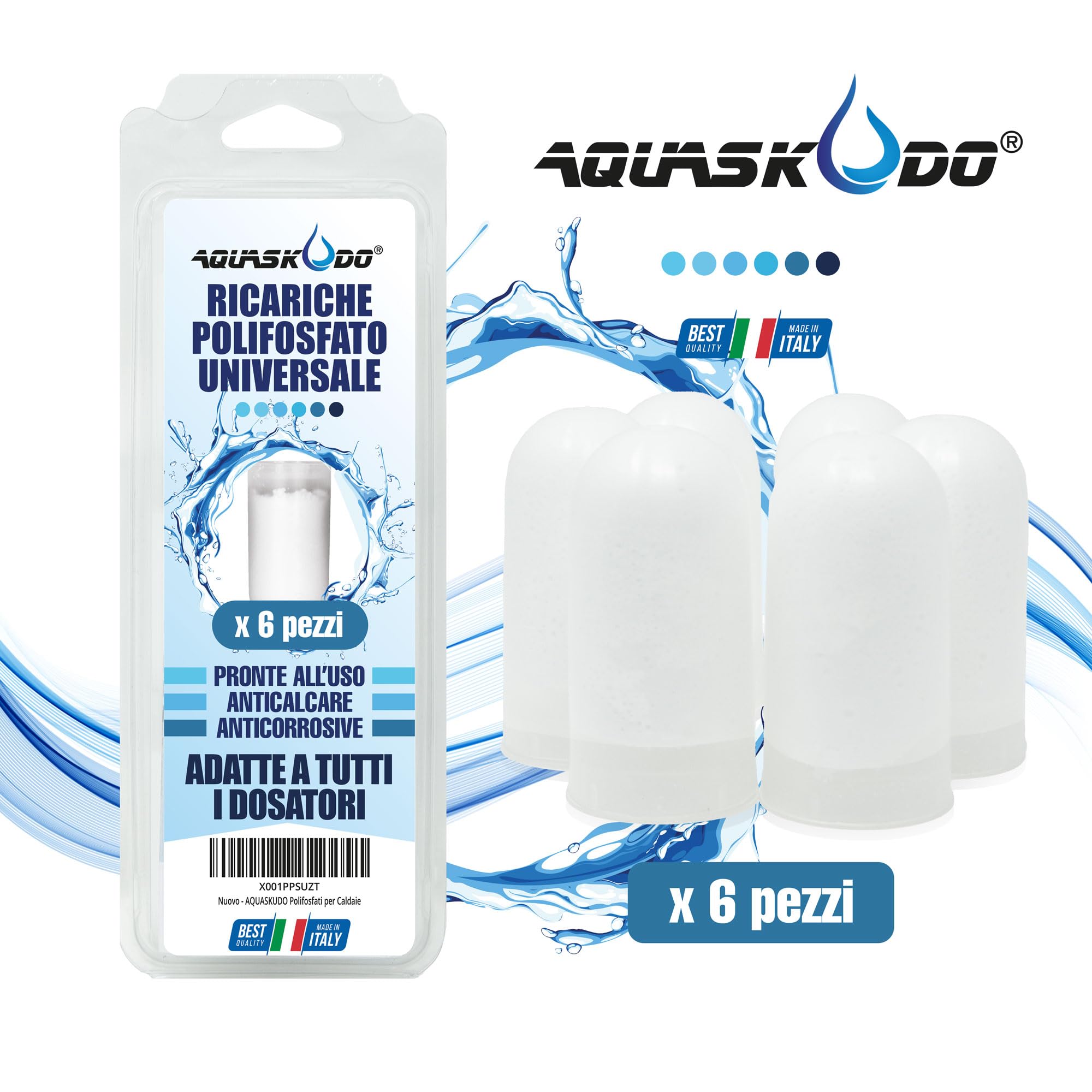 AQUASKUDO Polifosfati per Caldaia Ricarica - Cartucce Universali per Filtro Anticalcare Made in Italy - 6 Ricariche Polifosfati per Caldaie