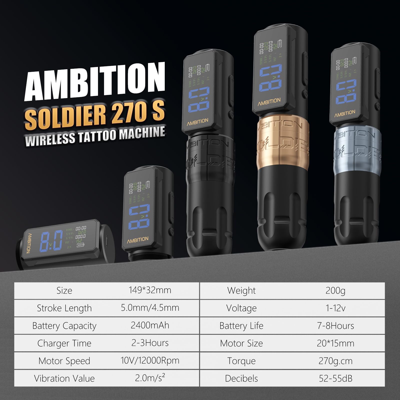 Ambition Soldier 270 S Wireless Tattoo Pen Machine, obrotowy pistolet do tatuażu, akumulator 2400 mAh, bezszczotkowy silnik 270 g.cm, skok 5,0 mm