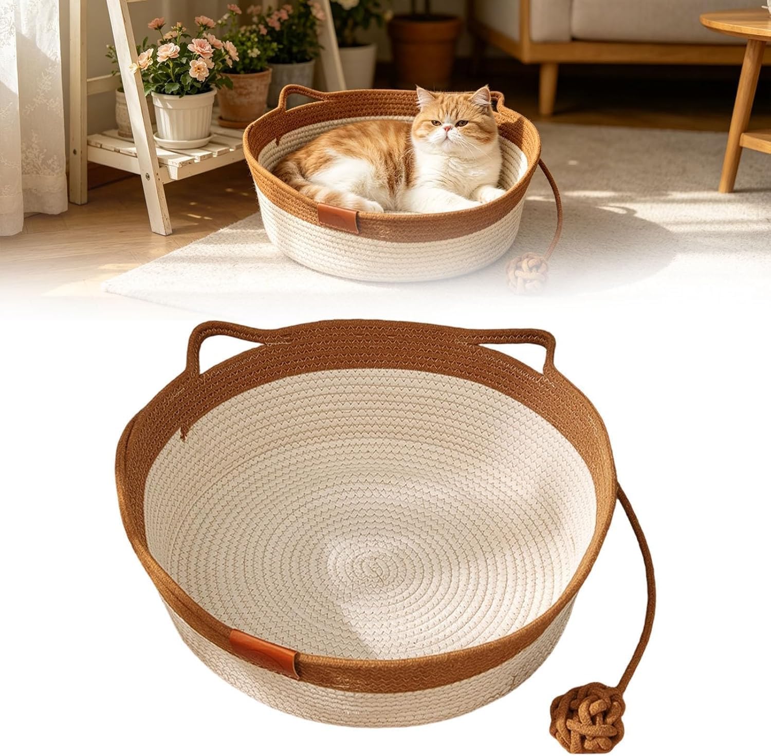 Cat Instinct Basket Bed, Cotton Rope Cat Basket with Cushion Toy Tail โ image 1