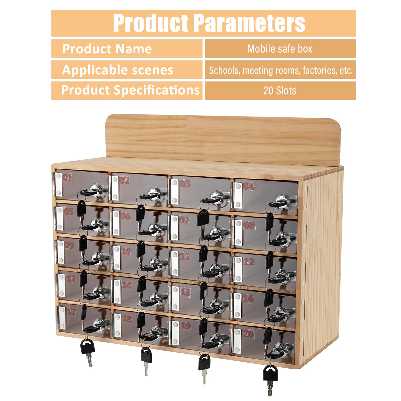 HWBWE Cell Phone Storage Locker, 20 Slots Acrylic Material with Door Locks and Keys, Wall-Mounted Cabinet Pocket Office Classroom Gym Box, Clear