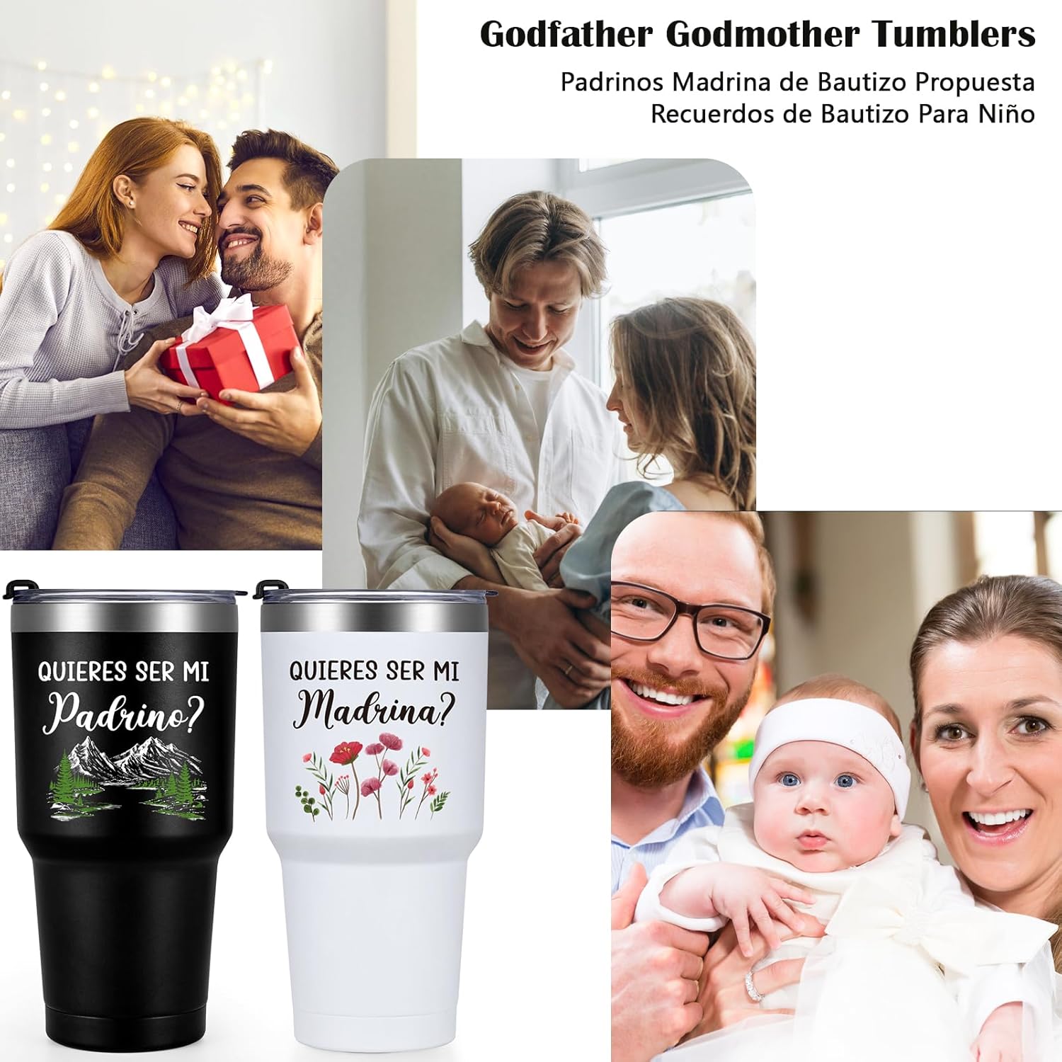 Gtmileo Quieres Ser Mi Padrino Madrina, Will You be My Godparents Gifts in Spanish, Padrinos De Bautizo Propuesta Gifts, 30oz Quieres Ser Mi Padrino Madrina Stainless Steel Insulated Tumbler Set - Image 3