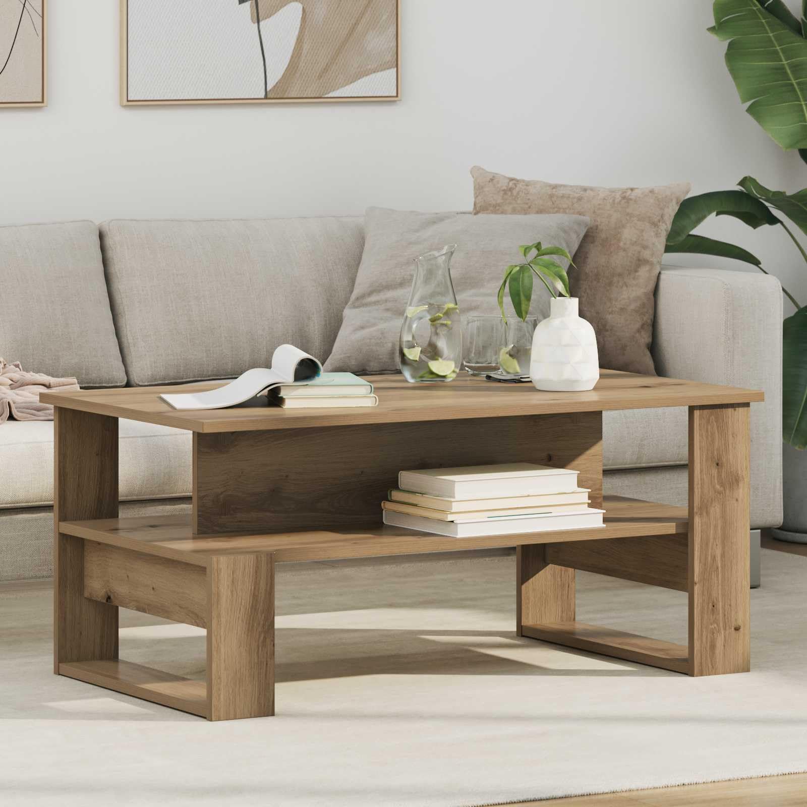 Mesa de centro de roble Artisan, 90 x 50 x 40 cm, material de madera con estante de tabla, duradera, para salón, sofá, banco y zona de televisión, diseño moderno