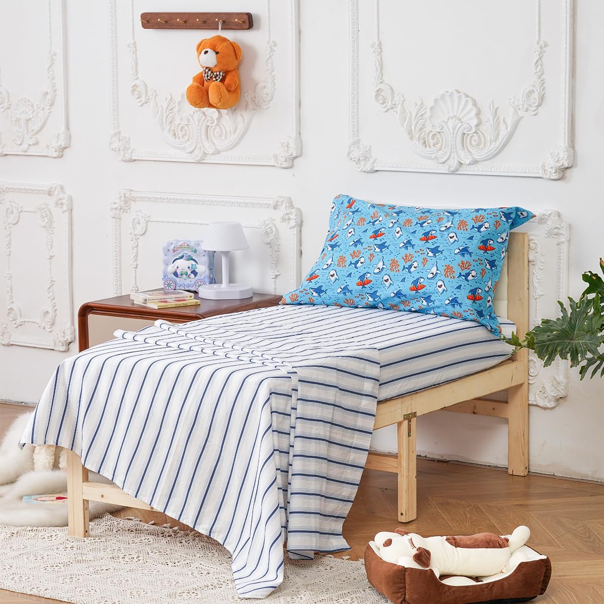 CLOTHKNOW 4Pieces Cartoon Shark Soral Cotton Toddler Bedding Sets for Boys Girls, Reversible White Blue Striped Bedding, Soft Crib Bed Set Including Comforter, Flat Sheet, Fitted Sheet and Pillowcase