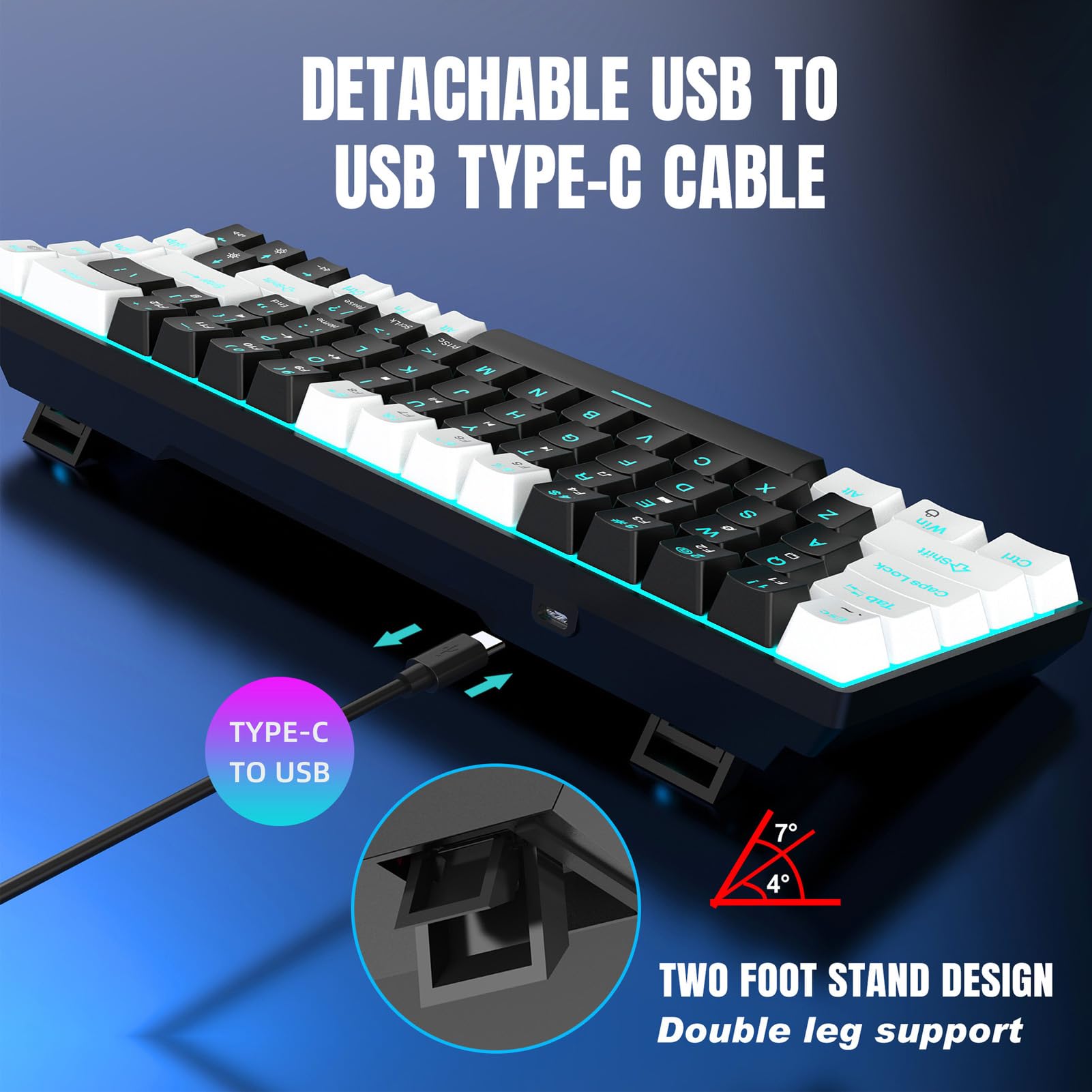 Goshyda Tastiera da Gioco Meccanica al 65%, Tastiera Meccanica Cablata a 68 Tasti, Retroilluminazione Blu Ghiaccio, Tastiera da Gioco a Doppio Colore, Cavo USB Rimovibile, Asta Blu