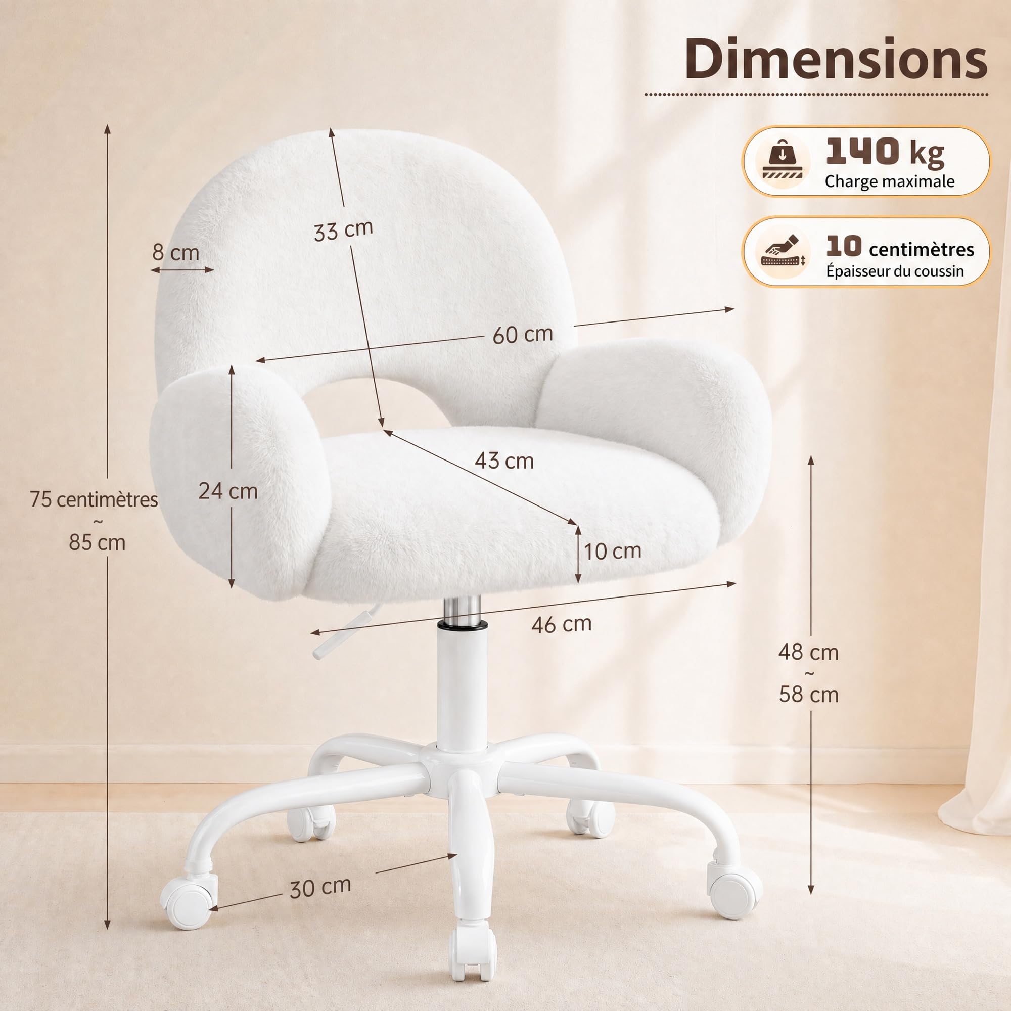 Chaise de Bureau Confortable, Fourrure Lapin Artificiel Douce Beige