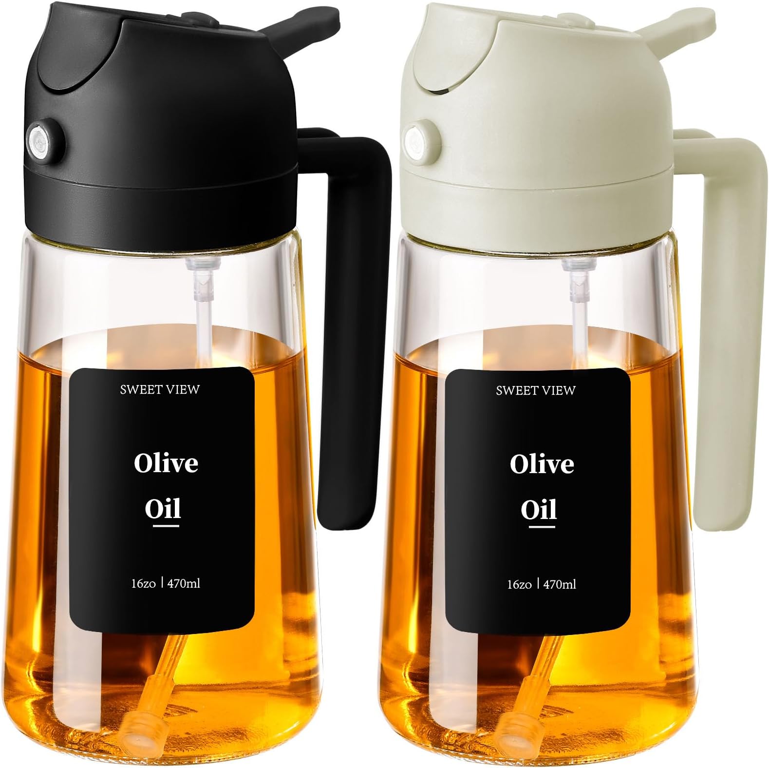 SWEET VIEW 2PCS Olive Oil Sprayer for Cooking, 470ml 2 In 1 Glass Oil Sprayr & Pour/Dispenser for Kitchen, Air Fryer, Cooking, Salad, BBQ (Black,White)