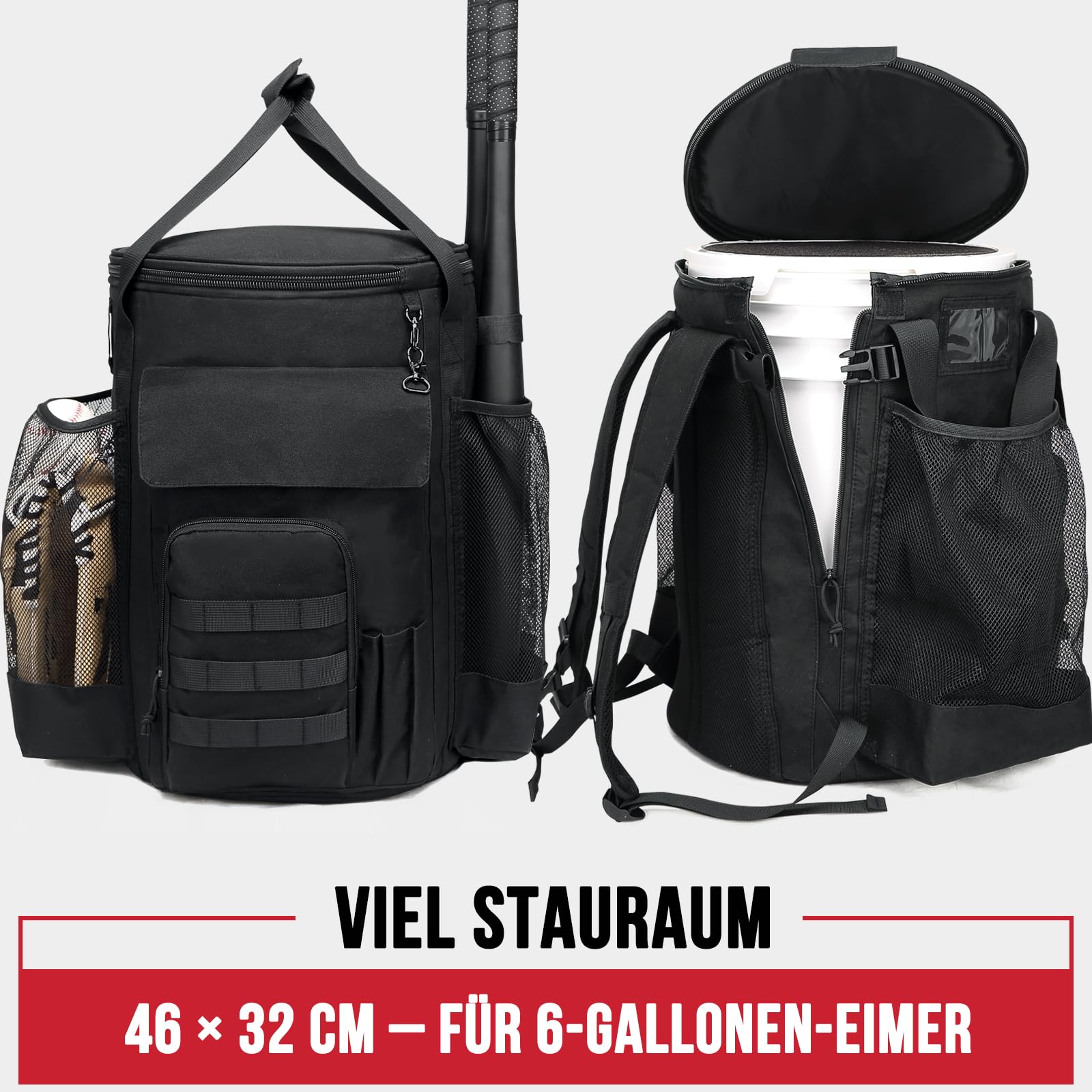 Baseballtasche für 6-Gallonen-Eimer – Baseball-Rucksack für Trainer mit gepolstertem Deckel, großer Organizer für Bälle, Schläger, Handschuhe und Zubehör, Eimer Nicht enthalten