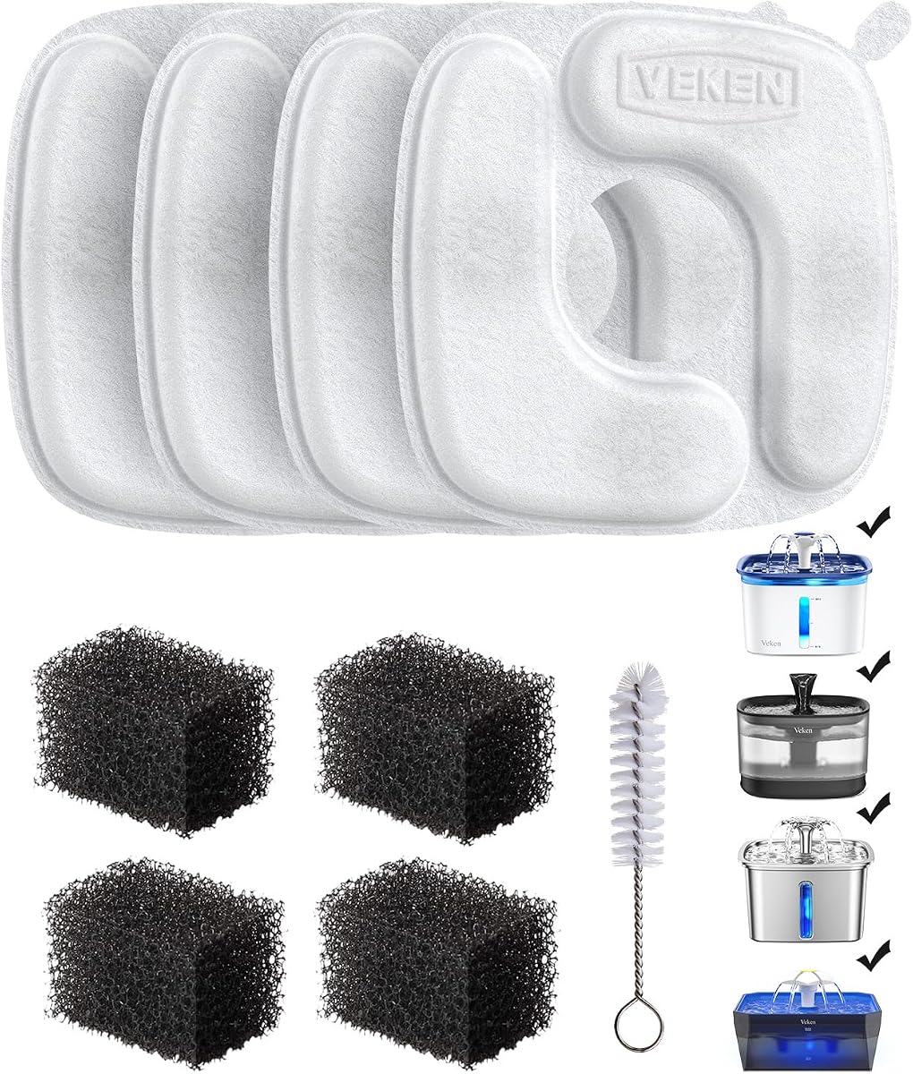 Veken Cat Water Fountain Filters, 4 Pack Replacement Filters | and 4 Pack Replacement Pre-Filter Sponges Set for 50oz, 84oz, 95oz or 108oz Automatic Pet Fountain Dog Water Dispenser