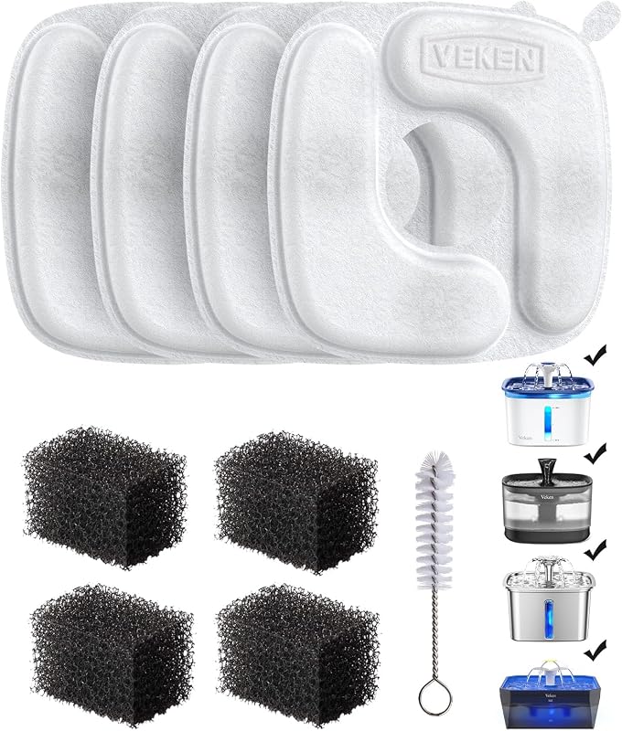 Veken Cat Water Fountain Filters, 4 Pack Replacement Filters | and 4 Pack Replacement Pre-Filter Sponges Set for 50oz, 84oz, 95oz or 108oz Automatic Pet Fountain Dog Water Dispenser