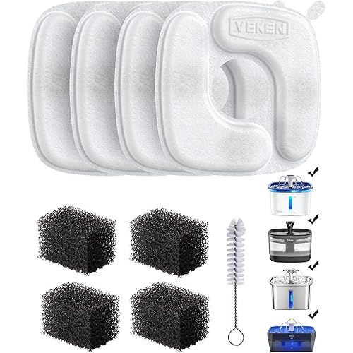 Veken Cat Water Fountain Filters, 4 Pack Replacement Filters & 4 Pack Replacement Pre-Filter Sponges Set for 50oz, 84oz, 95oz or 108oz Automatic Pet Fountain Dog Water Dispenser