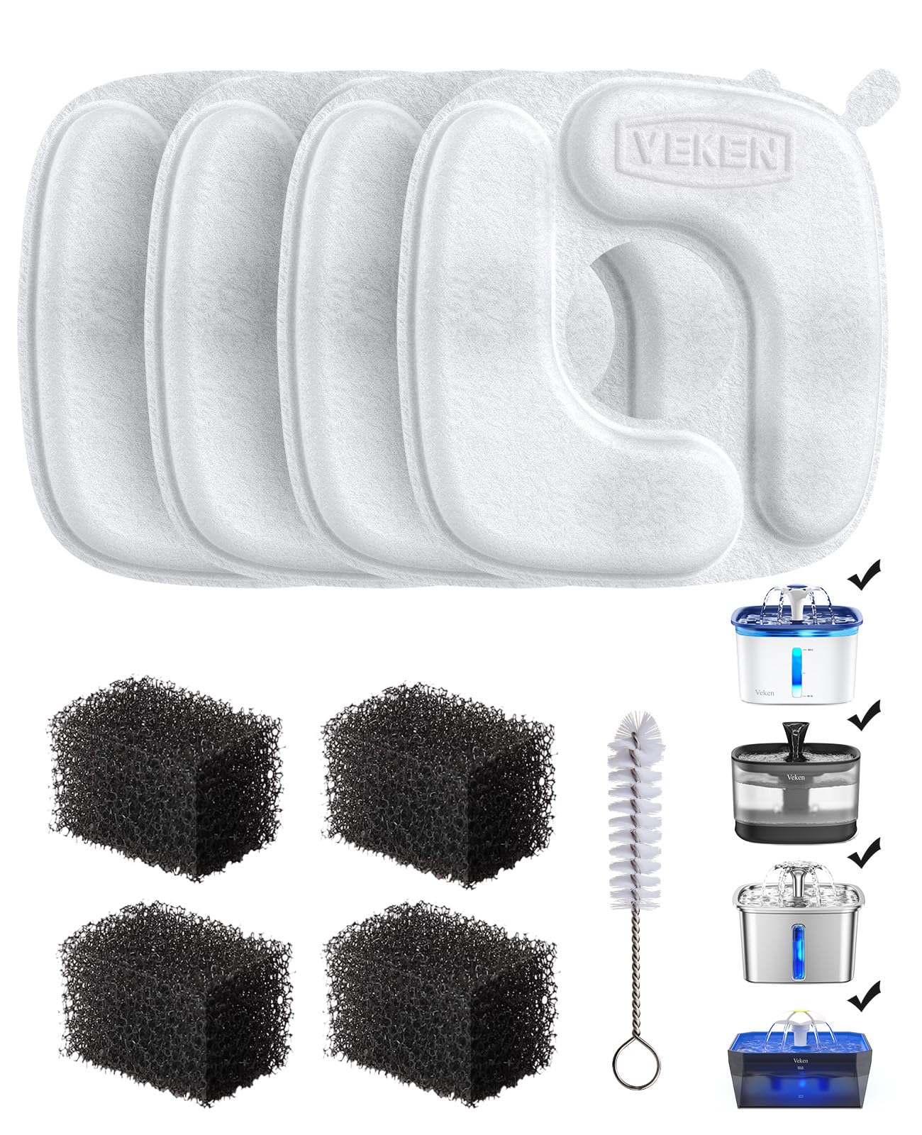 Veken Cat Water Fountain Filters, 4 Pack Replacement Filters & 4 Pack Replacement Pre-Filter Sponges Set for 50oz, 84oz, 95oz or 108oz Automatic Pet Fountain Dog Water Dispenser
