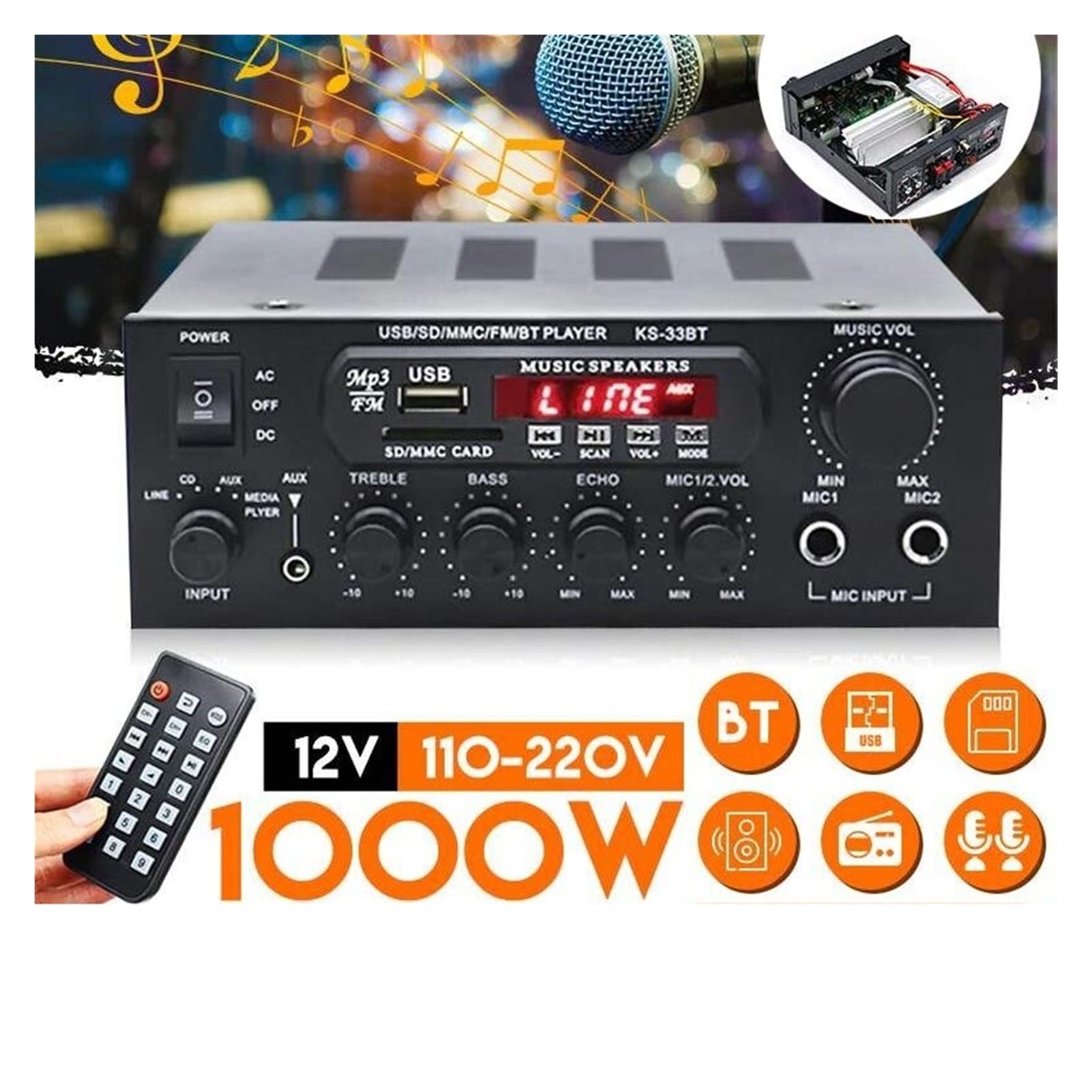 Bluetooth Amplificador estéreo HIFI Audio digital Home Karaoke Power Amplificador AUTOM AUTO AMPLIFICADOR HIFI USB Procesador de audio