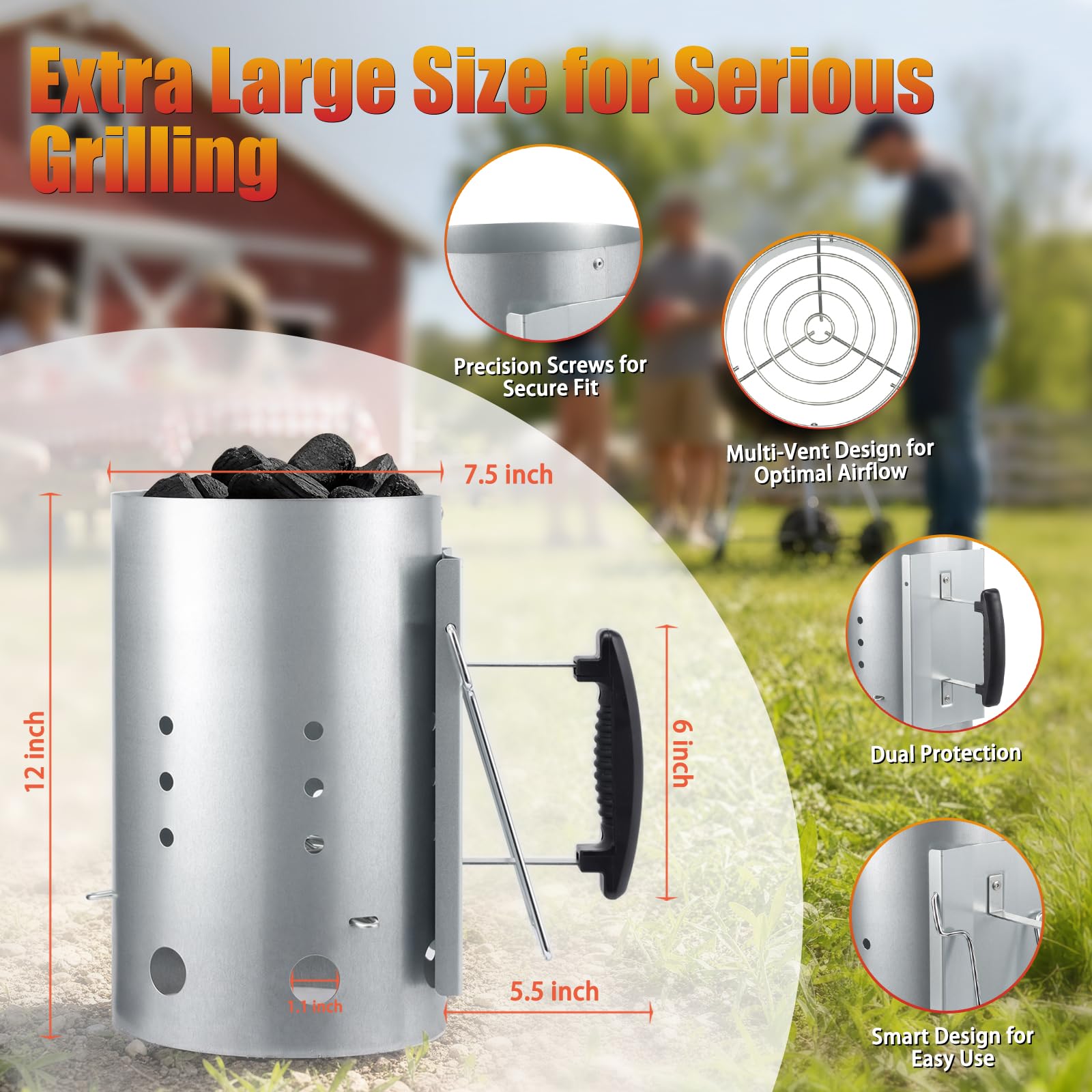 E500 Arrancador de chimenea de carbón más grande con 60 piezas de iniciador de carbón, arrancador de chimenea de carbón para parrilla, kit de iniciación de fuego para barbacoa