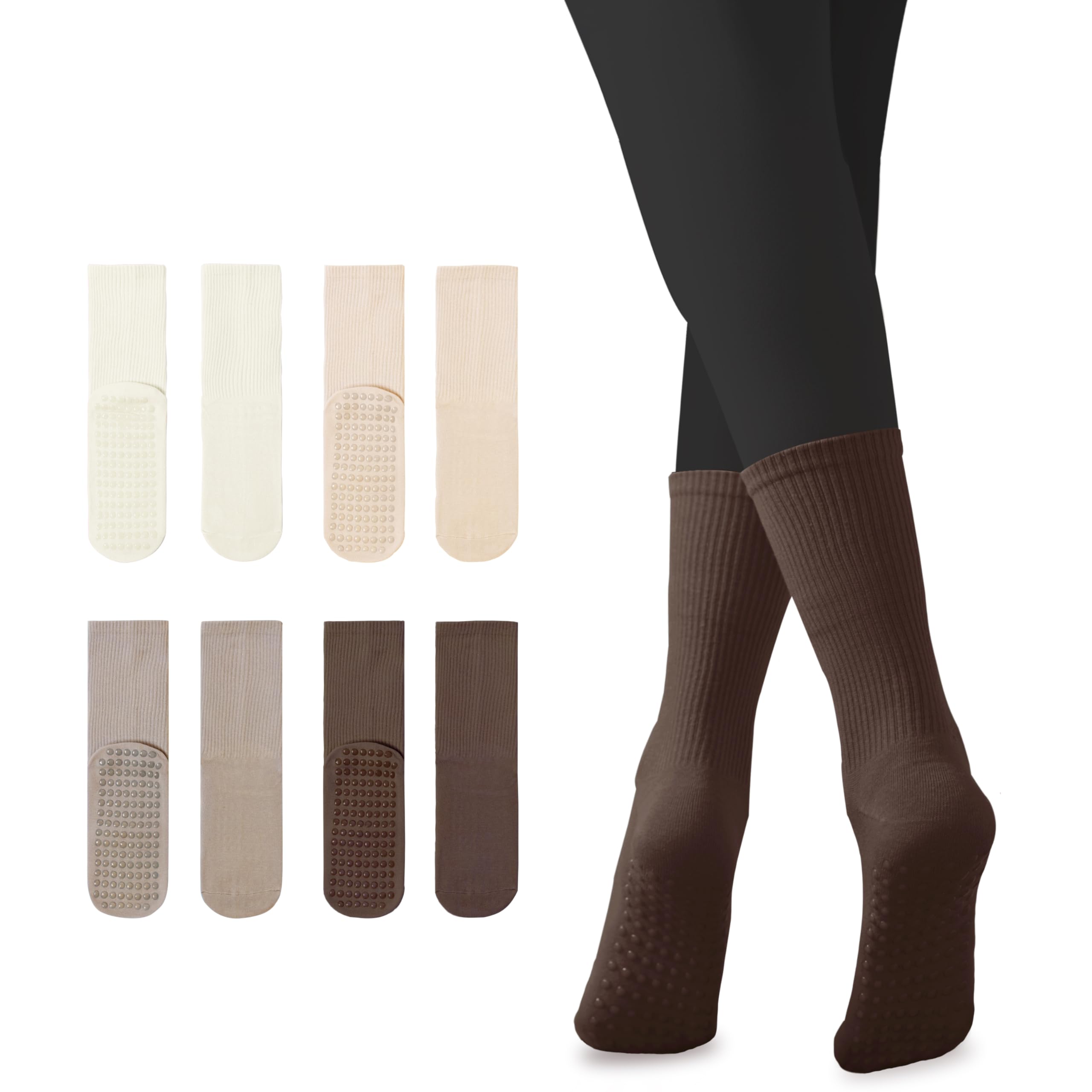 Yoga Grip Socks for Women Color Non Slip Sock for Pilates Barre Hospital Sticky Slipper Socks 4 Pairs brown