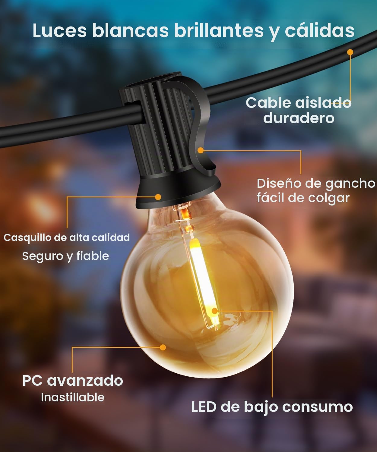 Guirnalda Luces Exterior, 30M 50+3 G40 Bombillas Luces Led Interior Jardin Inastillable, 2700K Impermeable Cadena Luces con Enchufe Ideal para Terraza,Fiestas,Bodas,Patio,Cafe,Pergola,Navid