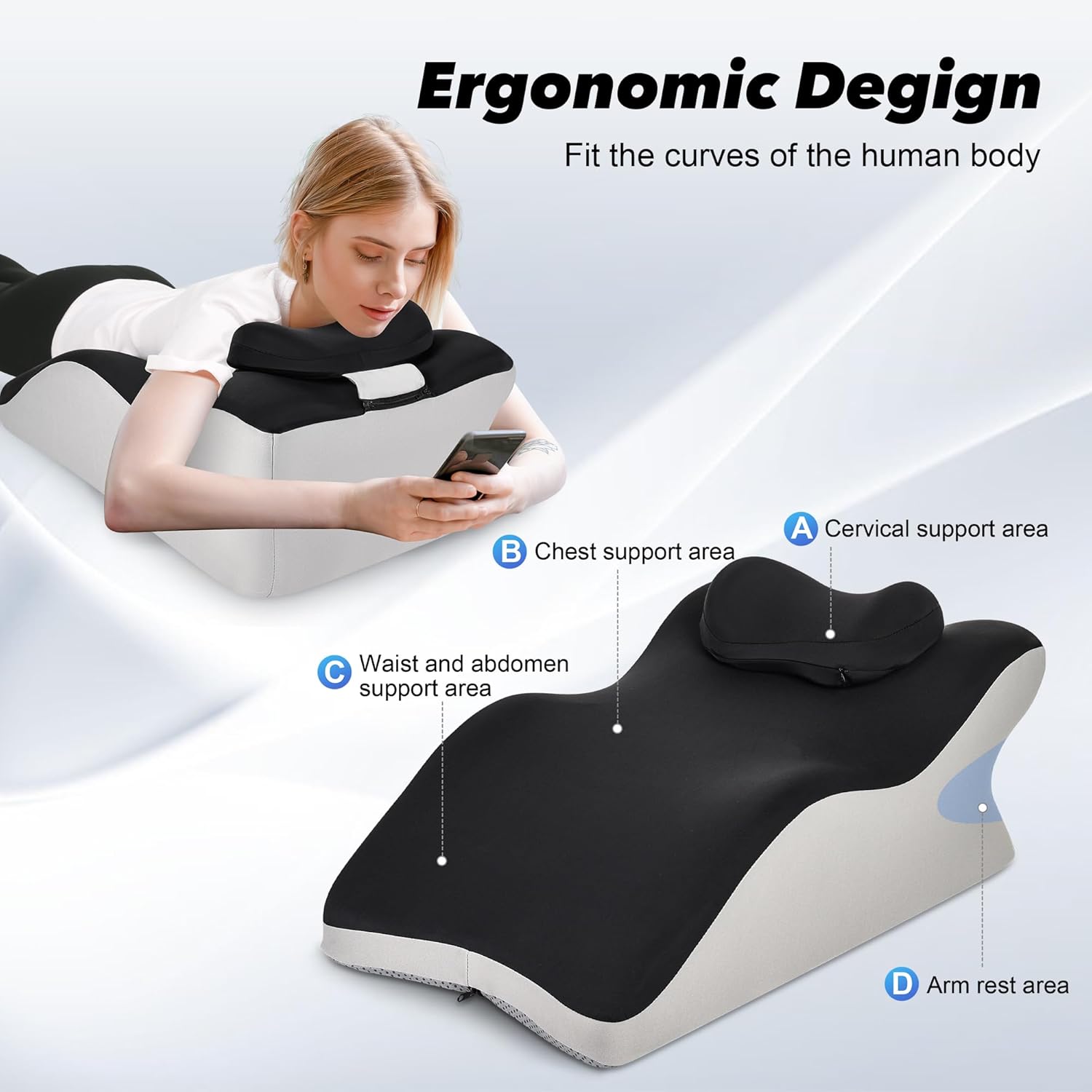 Aduken Reading Pillow for Bed, Adult Memory Foam Ergonomic Back Support Pillow for Sitting up, Prone Pillow Face Down Sleep, Wedge Pillow for Back Pain Relief