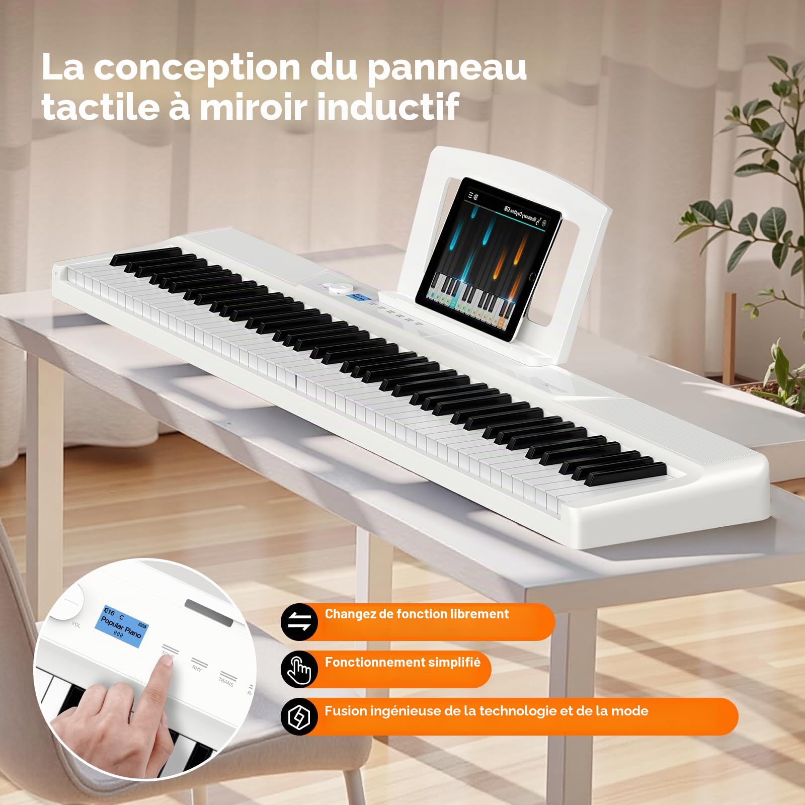 TERENCE Piano numérique 88 touches - 30 W - Haut-parleur AR - Système audio - Piano électronique pliable - 4 effets de réverbération - Capteur miroir - Interfaces MIDI