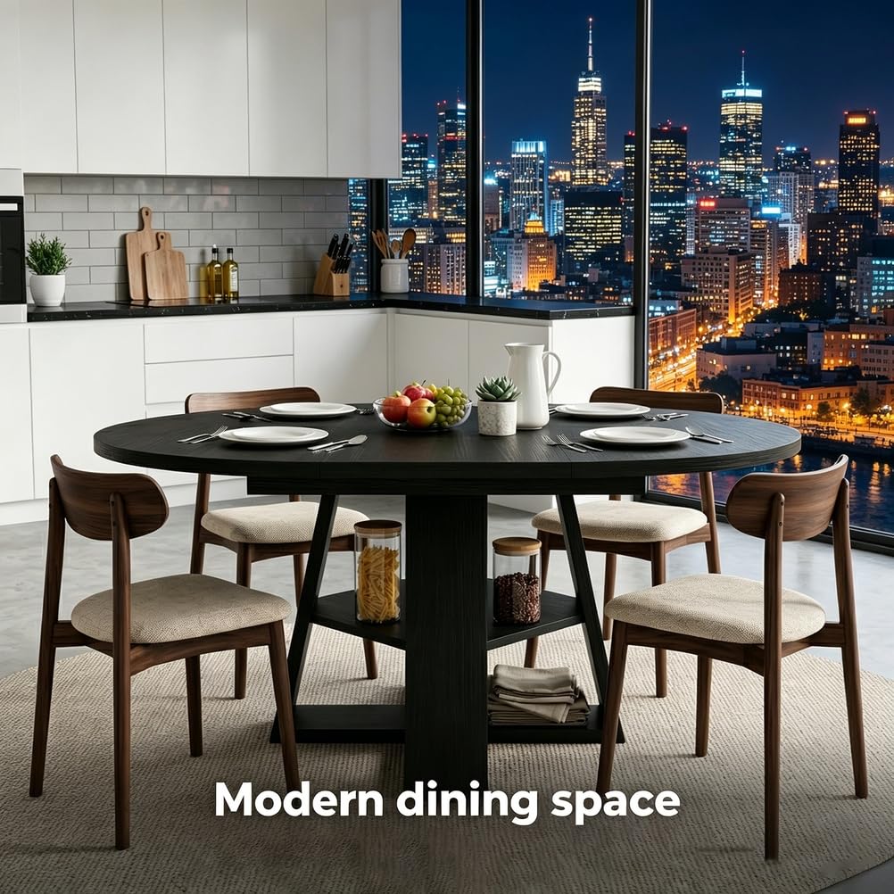 Mesa de comedor extensible, mesa de comedor redonda expandible, cocina de madera con estante de almacenamiento, ahorra espacio para 4-6 personas, ideal para espacios pequeños, sala de estar