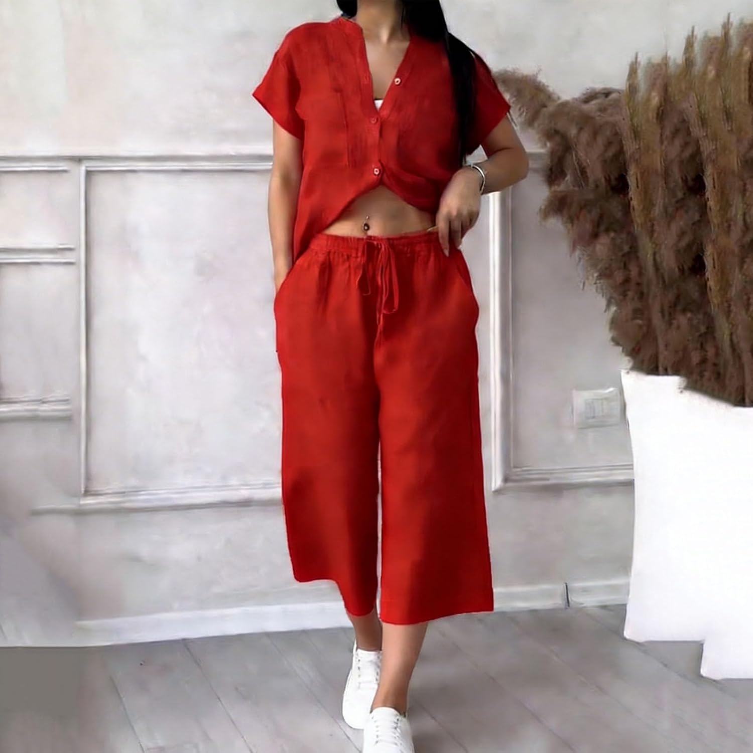 Oplxuo 2 Piece Capri Pants Sets for Women Summer Casual V Neck Short Sleeve Button Down Tops Wide Leg Crop Pants Beach Outfit