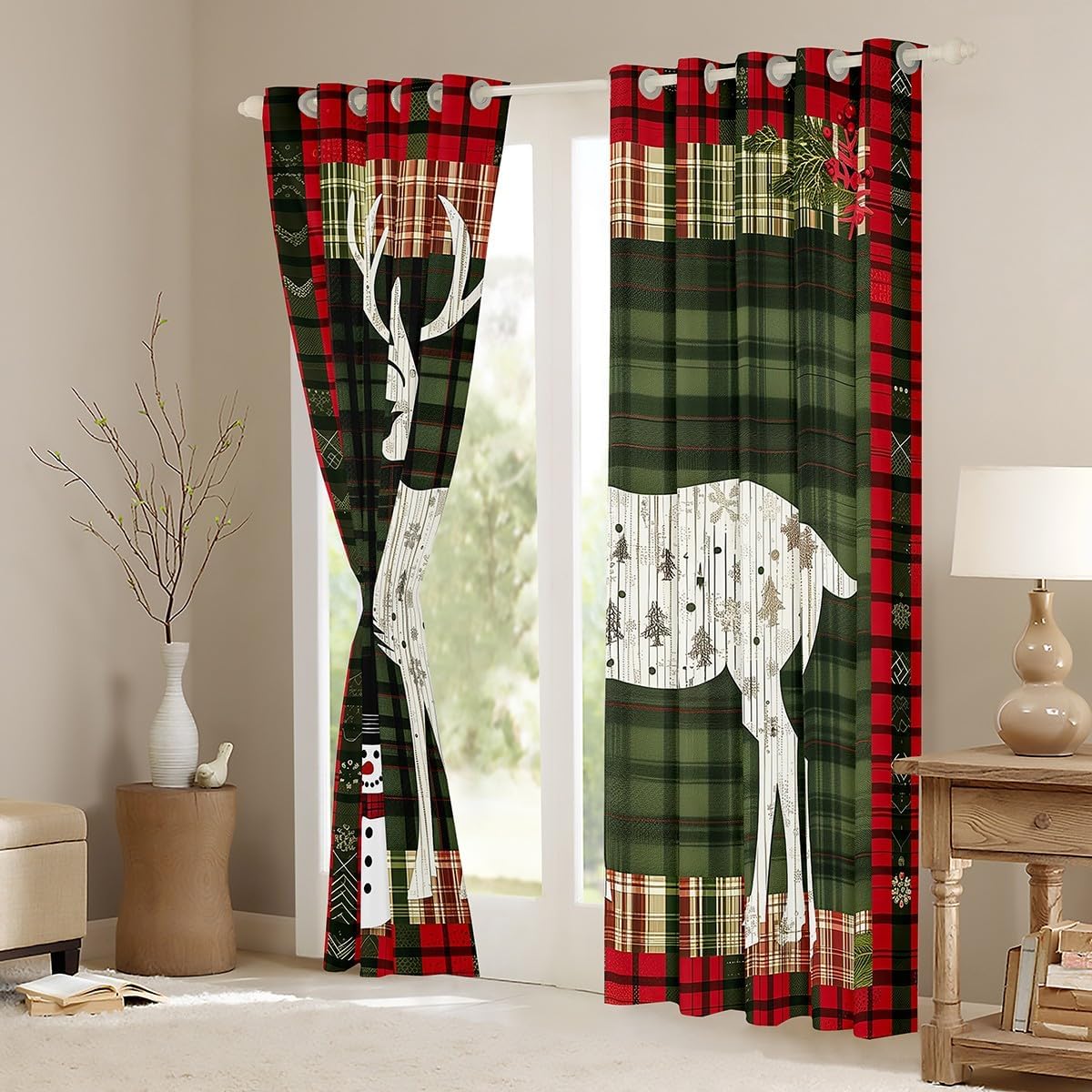 Homewish Christmas Reindeer Curtain,Cute Xmas Snowman Pine Snowflakes Blackout Window Curtains for Girls Boys,Red Green Checkered Happy New Year Window Treatment Curtains for Living Room, 38Wx45L inch