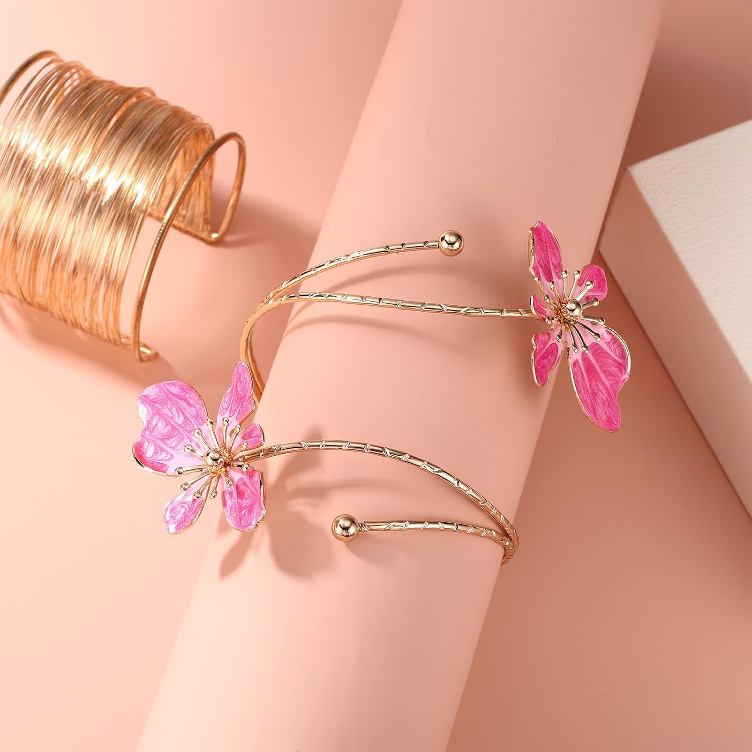 Flower Arm Cuff for Women, Adjustable Gold-Tone Upper Arm Bangle Bracelet with Pink Flower Boho Jewelry Gifts Armband for Beach Party - Image 4