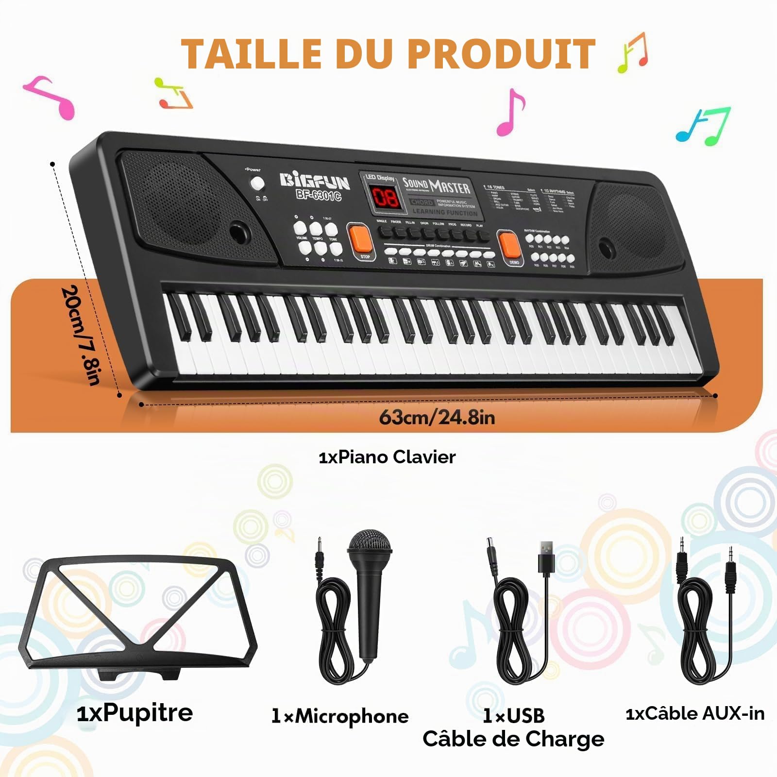 Portable Pianos Claviers 61 Touches Enfants Jouets avec Micro Pupitre, Noir