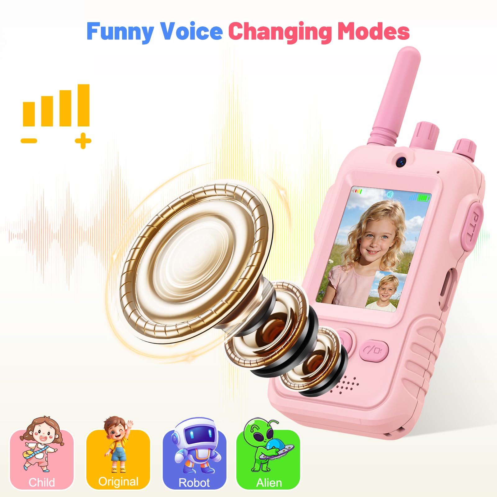 Video Walkie Talkie Bambini, 2 Walkie Talkie Ricaricabili con Display, Telecamera HD& Modificatore Vocale, Lunga Portata, Regalo per Bambini e Bambine dai 3 ai 12 Anni