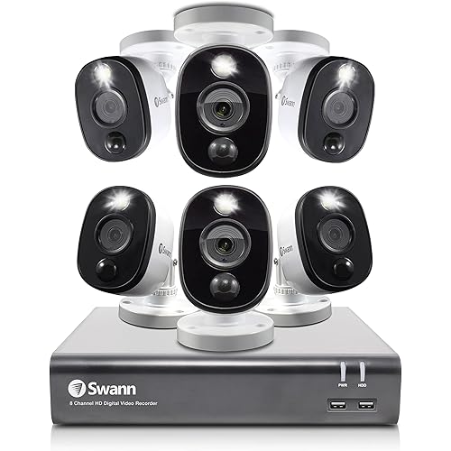 Swann Home DVR Security Camera System with 1TB HDD, 8 Channel 6 Camera, 1080p Video, Indoor or Outdoor Wired Surveillance CCTV, Color Night Vision, Heat Motion Detection, LED Lights, 845806