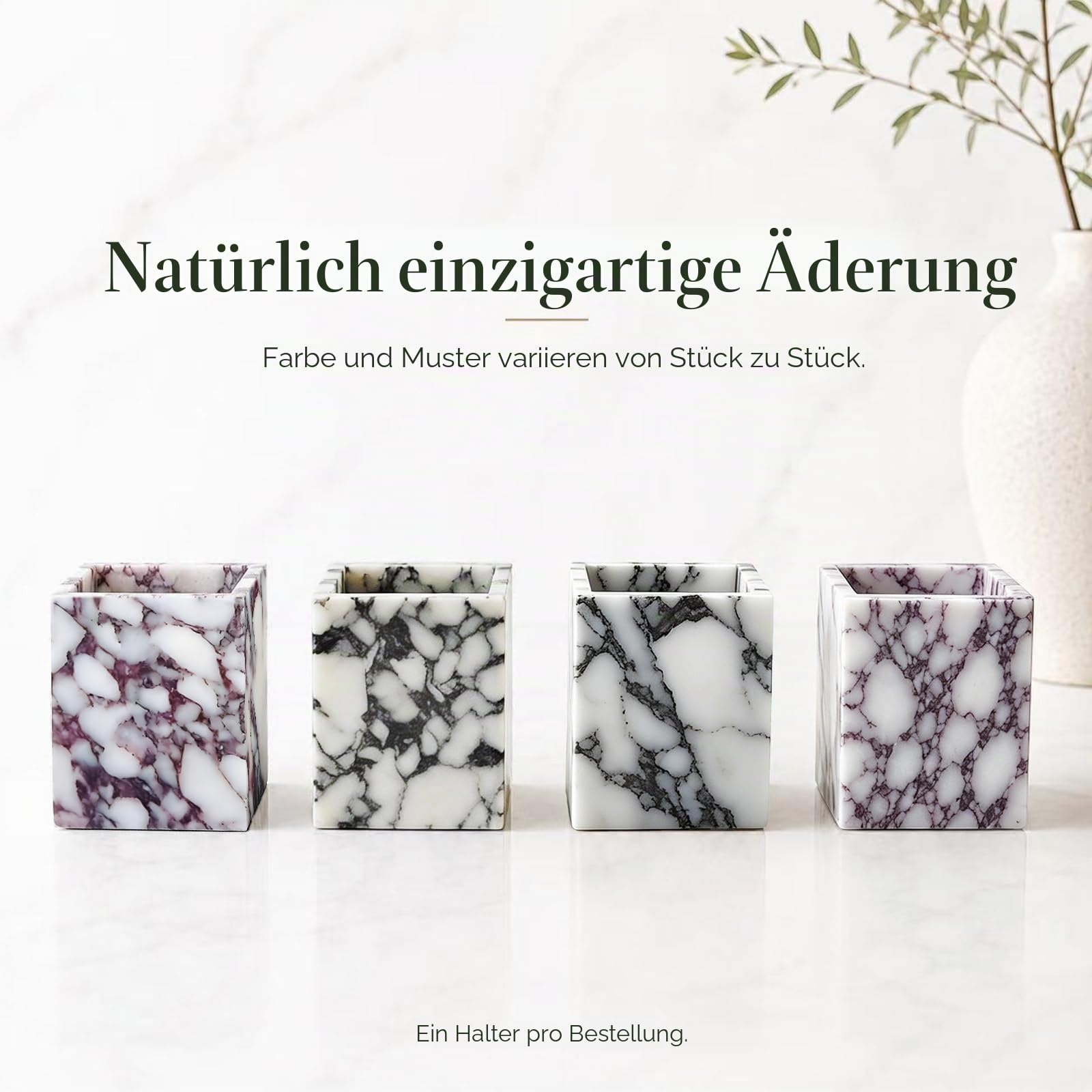 Stiftebecher aus Naturmarmor, quadratisch, 8,1 cm | Stiftebecher aus Naturmarmor für Stifte, Schminkpinsel, Zahnbürsten und kleine Accessoires auf Schreibtisch oder Waschtisch.