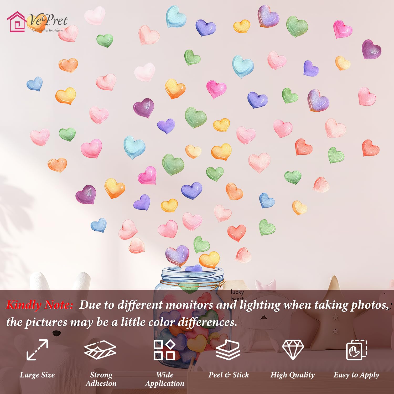 VePret Large Watercolor Hearts Wall Decals Peel and Stick, Cute Lucky Hearts Wall Stickers - Image 2