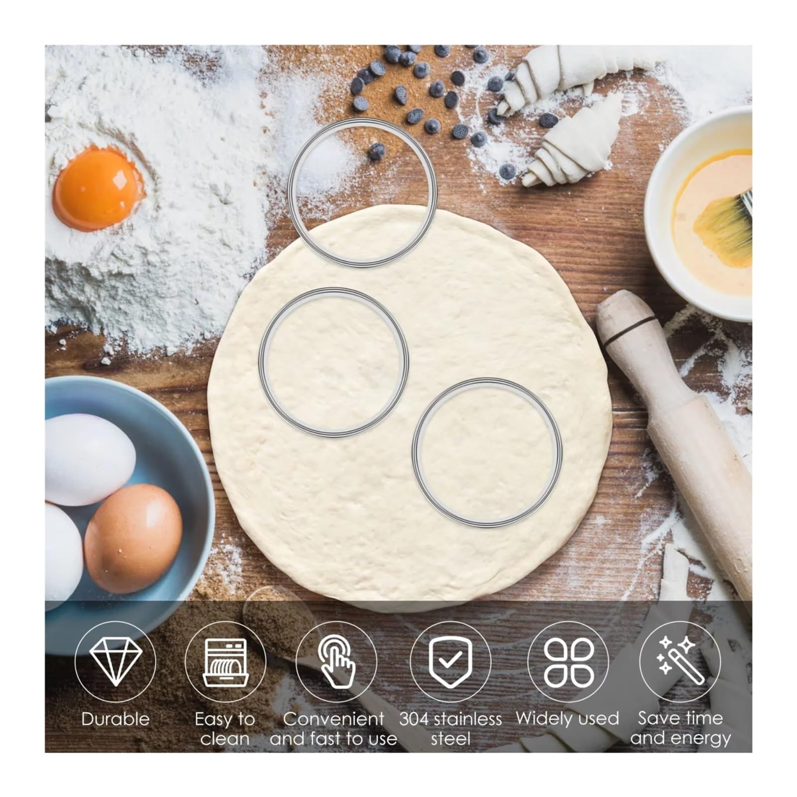 12 Stück Muffin-Tarte-Ringe, doppelt gerollter Ring aus Edelstahl, kompatibel for die Herstellung von Backformen(12PC 10cm)