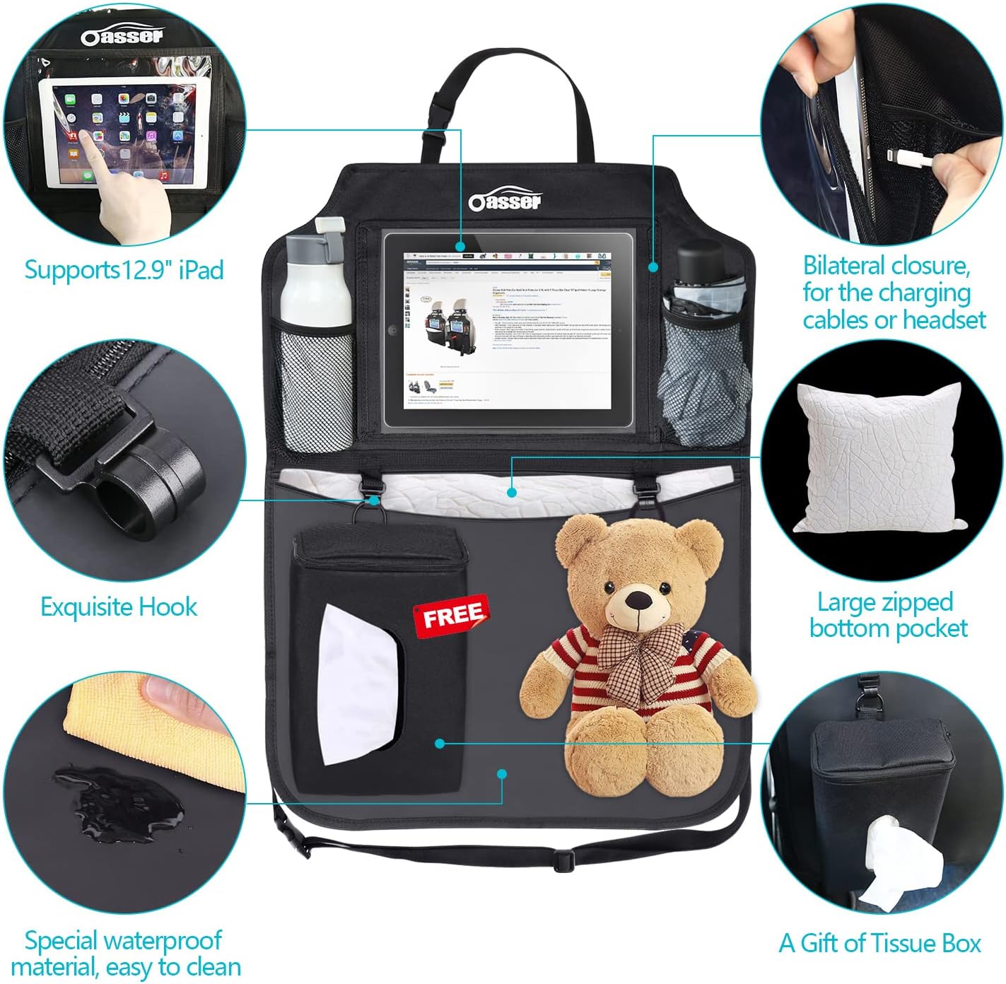 Oasser Seat Back Protector Kick Mats 12.9" I pad Holder 2 Pack XL with 1 Tissue Box Car Seat Organizer Back of Seat Protector Clear 2 Large Car Organizers and Storage