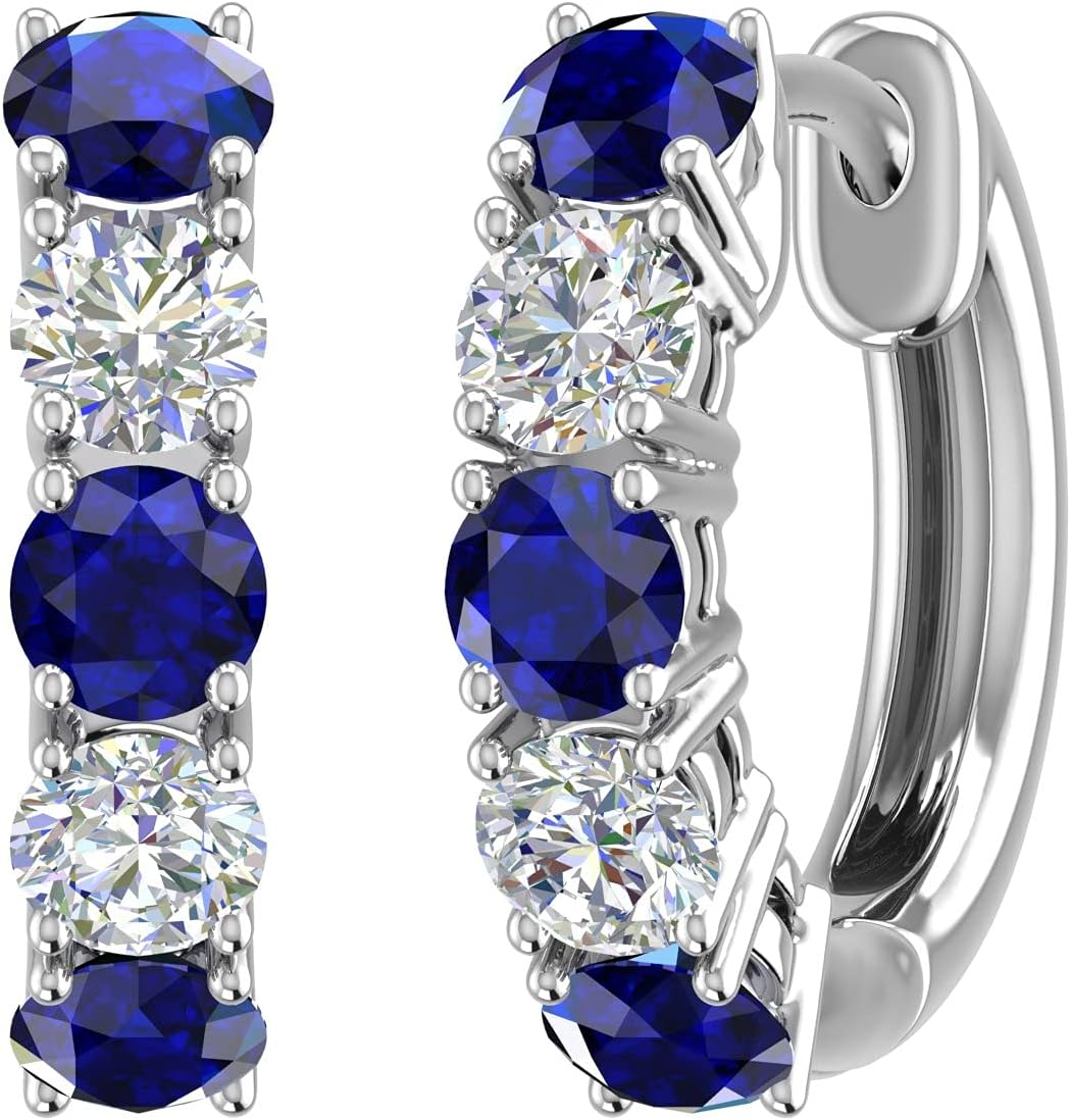 1.18 Carat Blue Sapphire & White Natural Diamond Hoop Earrings for Women in 14K Gold (SI1-SI2 Clarity)