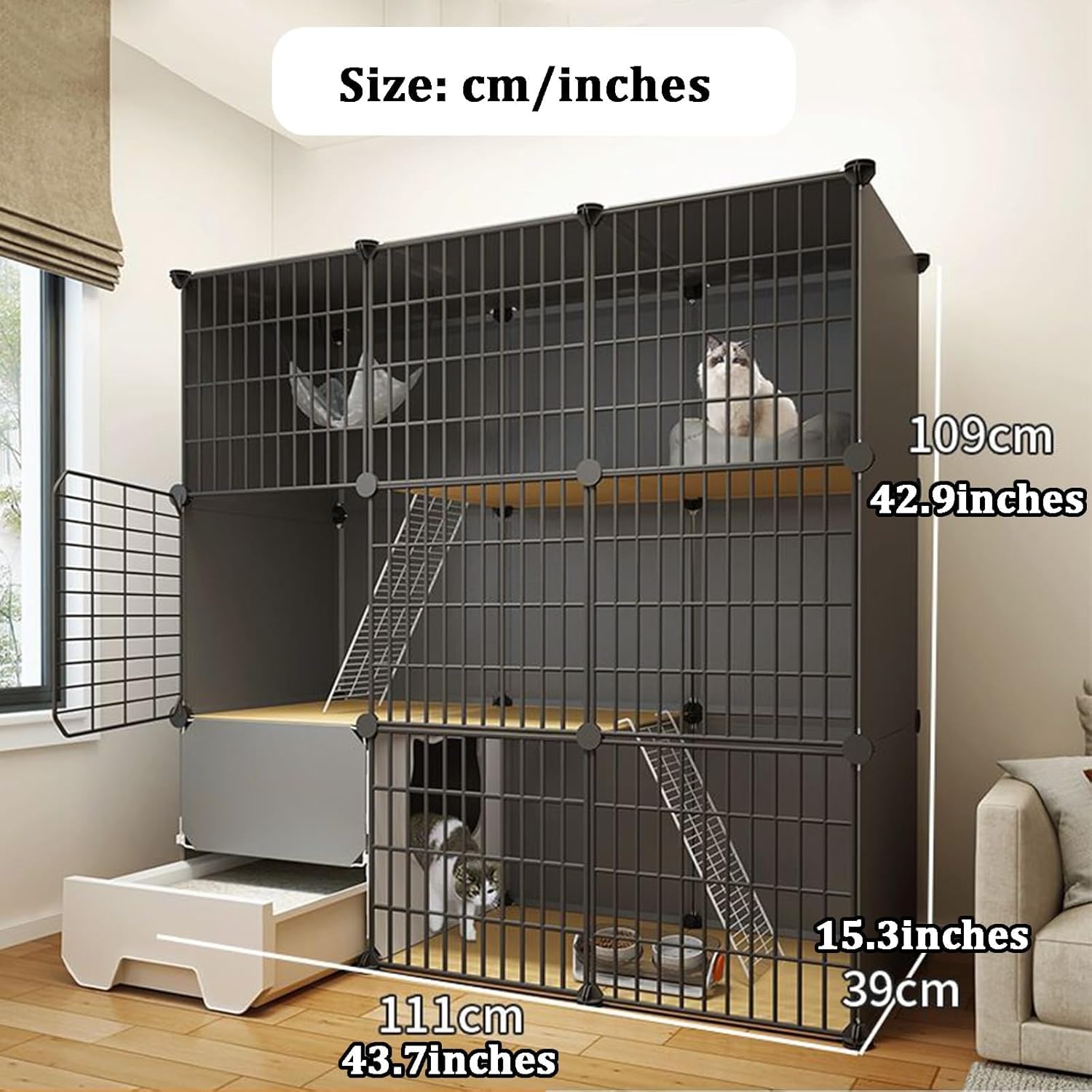 Gabbia per Gatti da Interno con Lettiera, Recinti per Gatti Fai-da-Te A 3 Livelli, Casette per Gatti da Esterno Multifunzionali, Box per Gatti, Robusta Gabbia per Gattini Facile D, 111 * 39 * 109cm