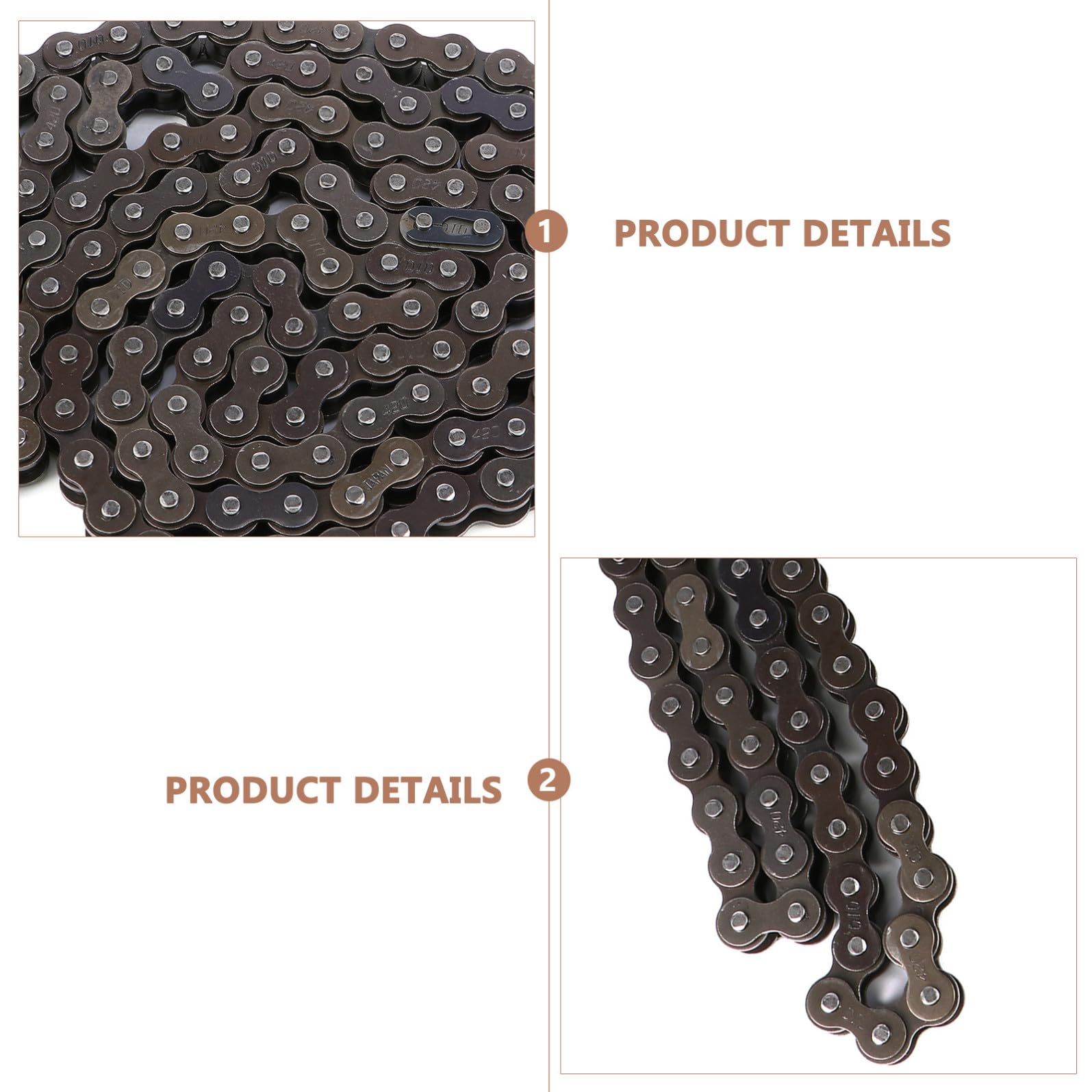 ULTECHNOVO Cadena de Motocicleta de Metal con 132 Eslabones Negra para Motos 110cc y 125cc Superficie Pulida y Herramienta para Romper Cadenas Incluida Varios estilos