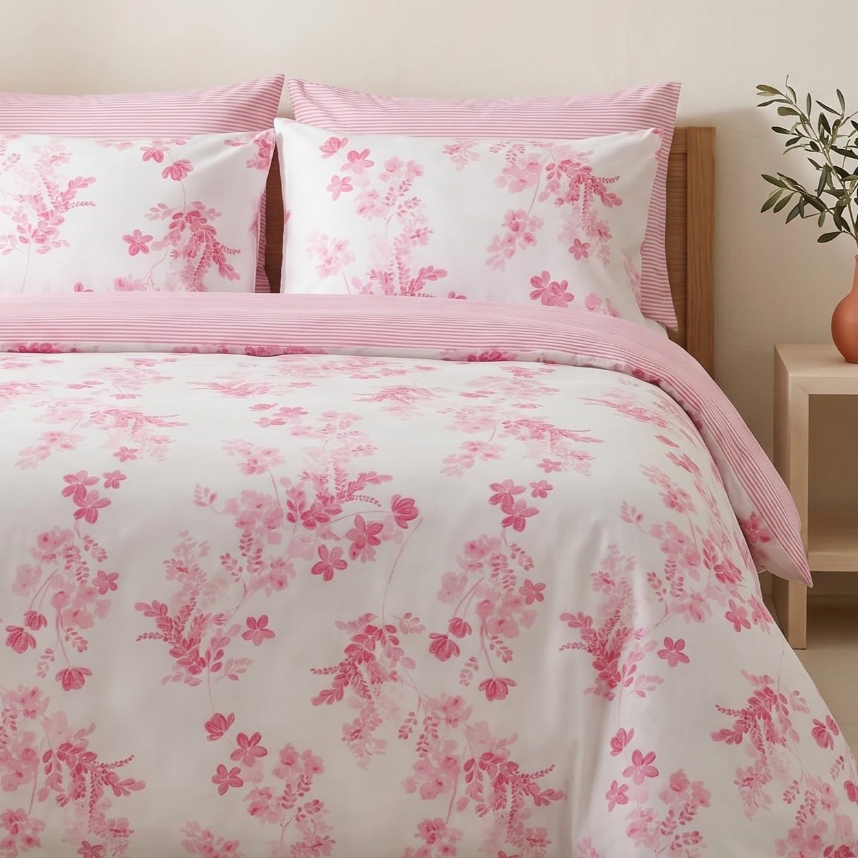 LERUUM Cotton Duvet Cover Sets Pink Bedding Sets King Size Reversible Floral & Striped White Kingsize Quilt Covers