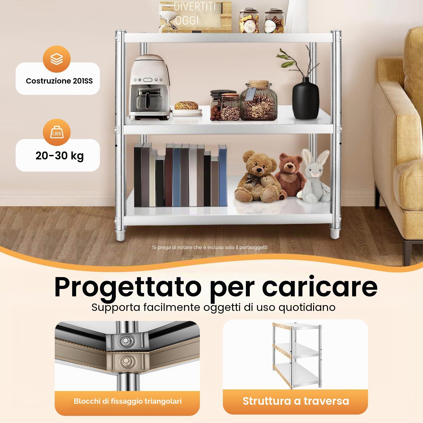 Tavolo da Lavoro in Acciaio Inox con 3 Ripiani, 80 x 40 x 80 cm, Tavolo Cucina Professionale carico 50kg, Banco Multiuso Salvaspazio per Cucina, Ristorante e Laboratorio