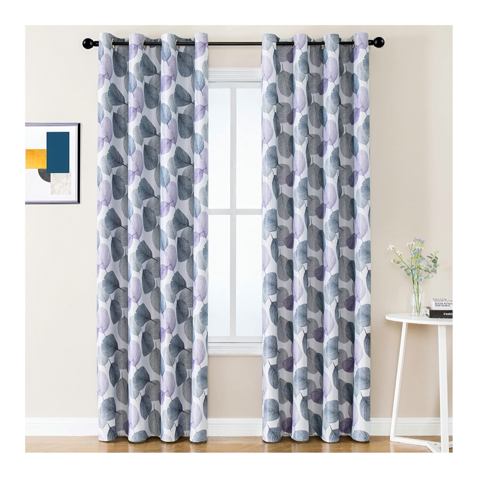 Cortinas opacas infantiles KnSam de diseño elegante en gris con hojas para ventana de dormitorio