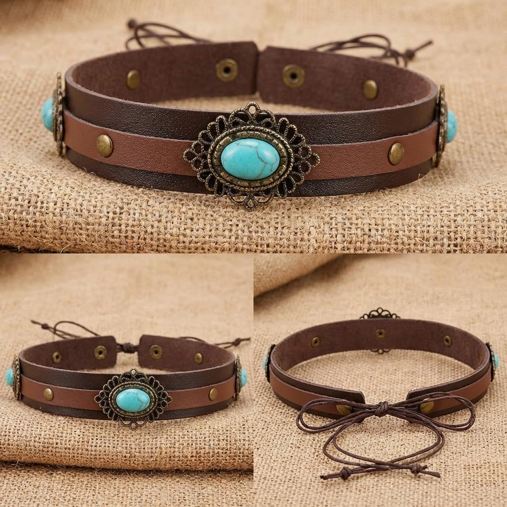 3PCS Western Hat Bands for Women Men, Turquoise Leather Hat Band Set, Adjustable Beaded Fedora Panama Rancher Strap Replacement Western Hat Accessories image 3